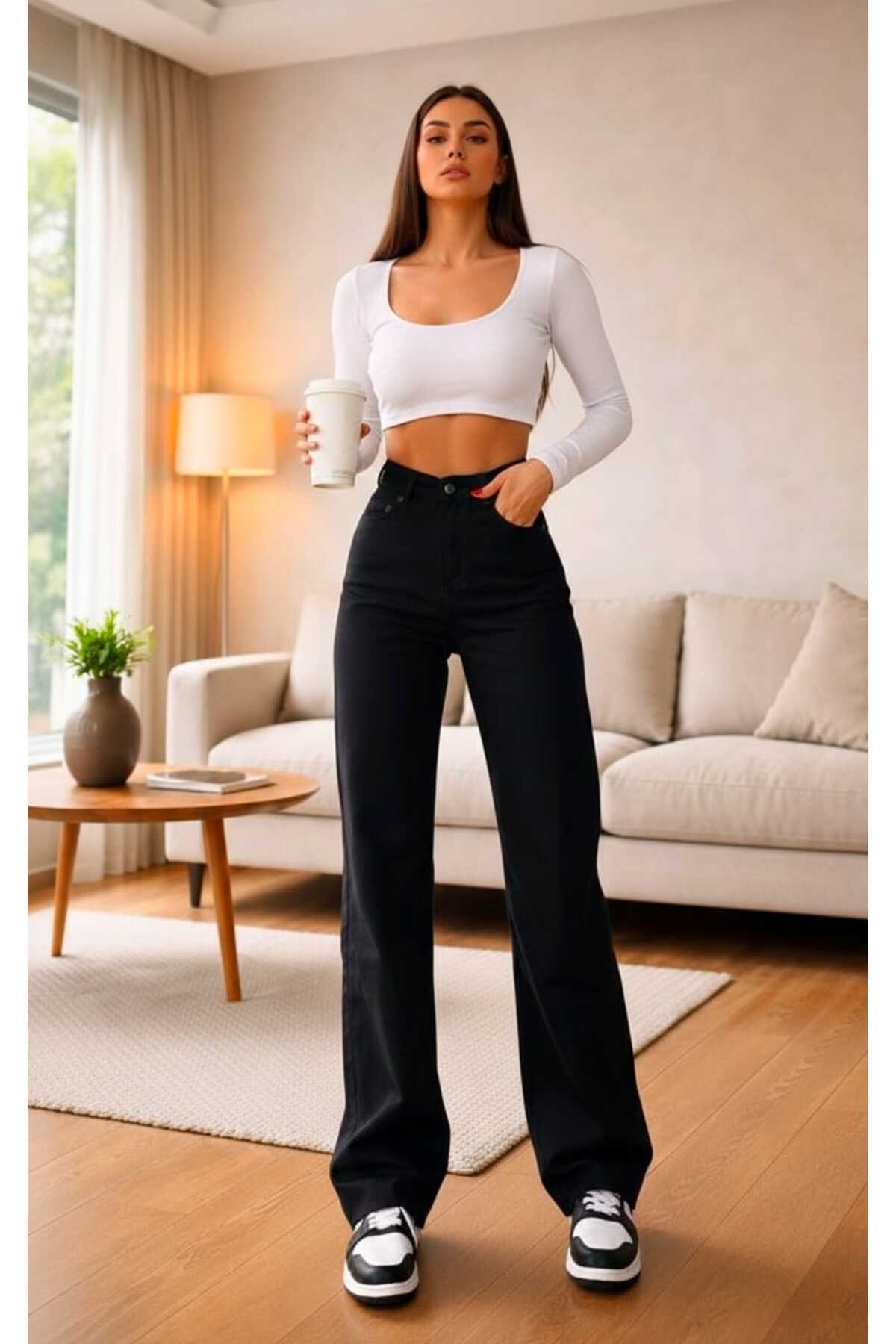 Ramrod Liza Siyah Likralı Süper Yüksek Bel Salaş Jeans Palazzo Pantolon. (SÜPER YÜKSEK) Wide Leg görsel 4