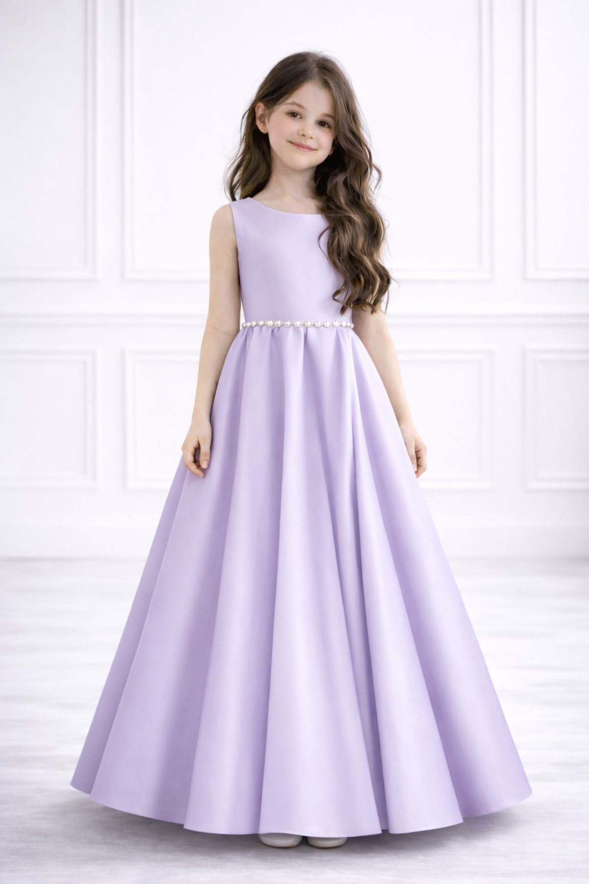 Round Neck Satin Flower Girl Dress with Waist Pearl and Bowtie