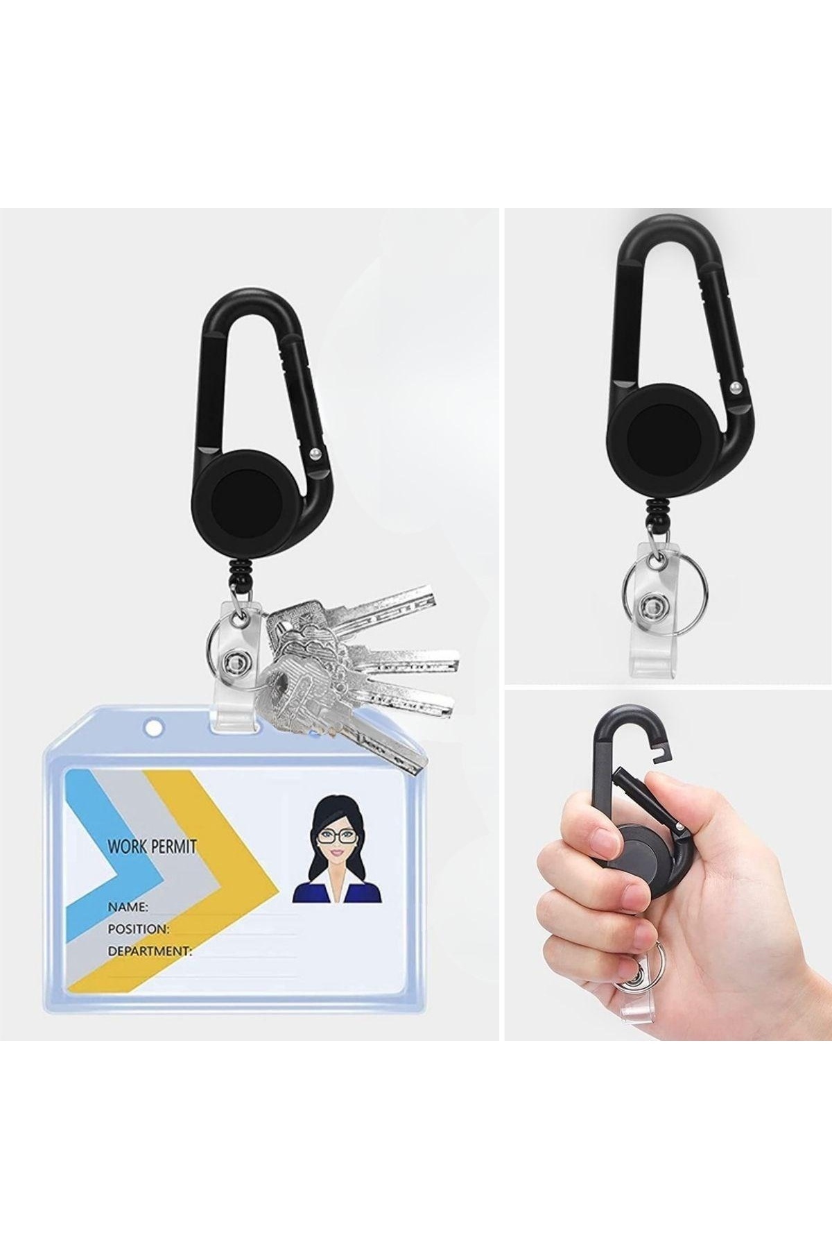 Telescopic Extending Drawstring Carabiner Keychain Transparent Staff Card Holder