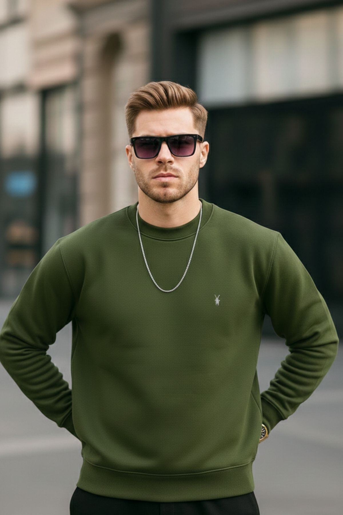 COMBİNE MİCHAİL  Haki Renk Basic Bisiklet Yaka Relaxed Regular Erkek Sweatshirt - Görsel 5