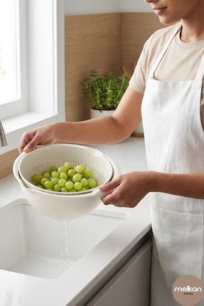 Melkan Home 360 Derece Dönebilir Makarna Süzgeci Çok Amaçlı Çift Hazneli Süzg...