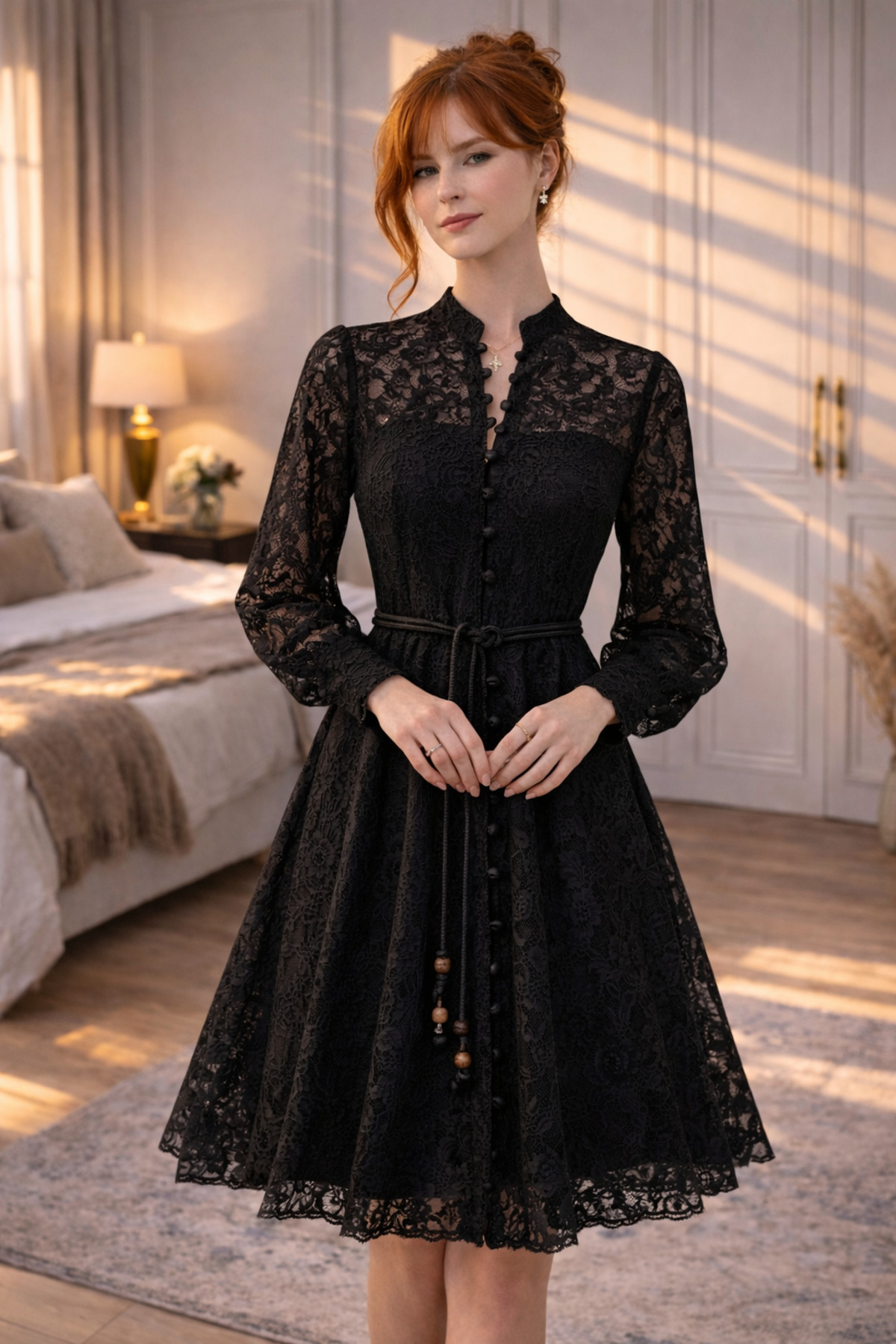 ahanora  Boydan düğmeli astarlı balon kol güpür elbise