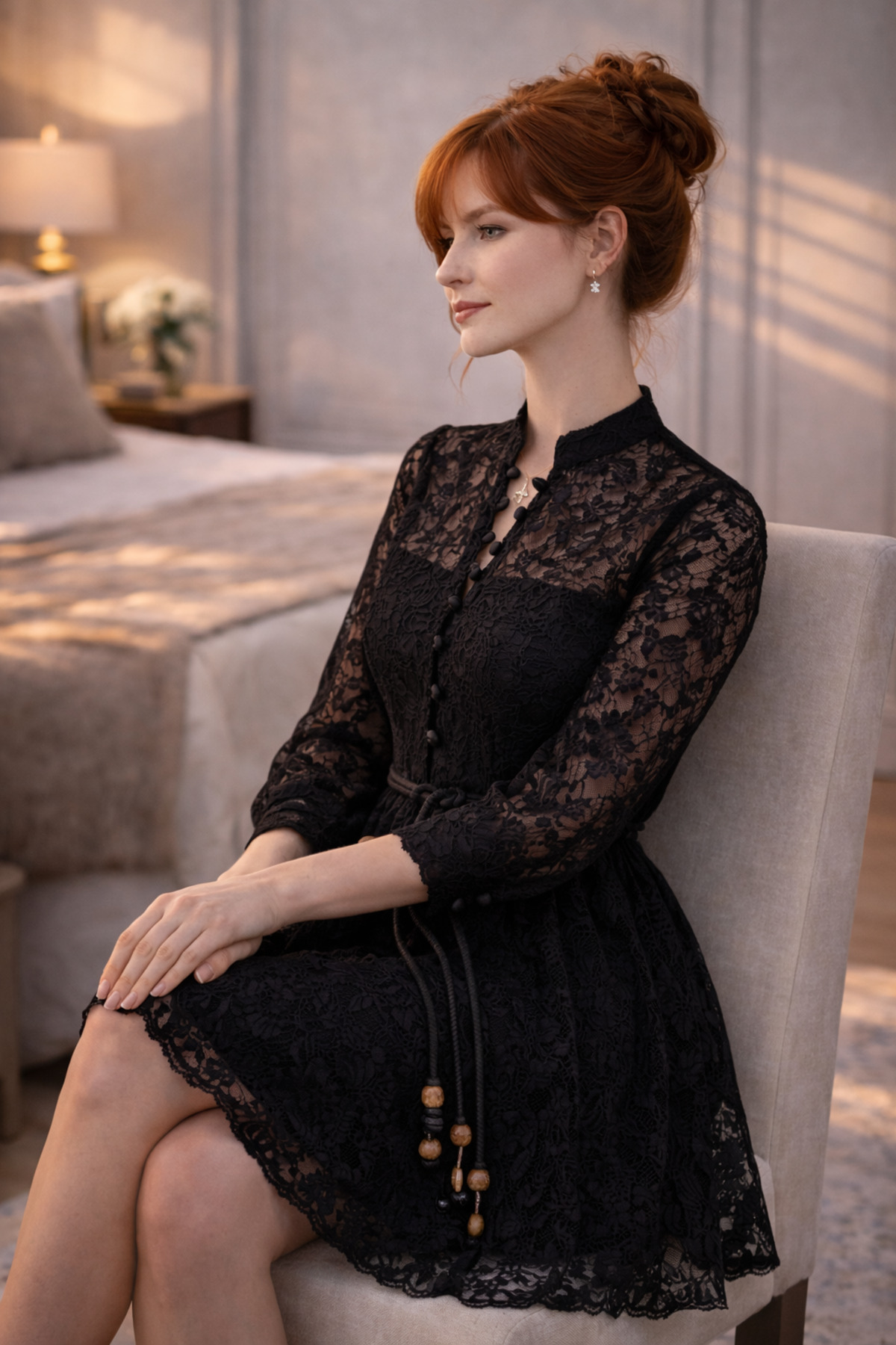 ahanora  Boydan düğmeli astarlı balon kol güpür elbise - Görsel 8