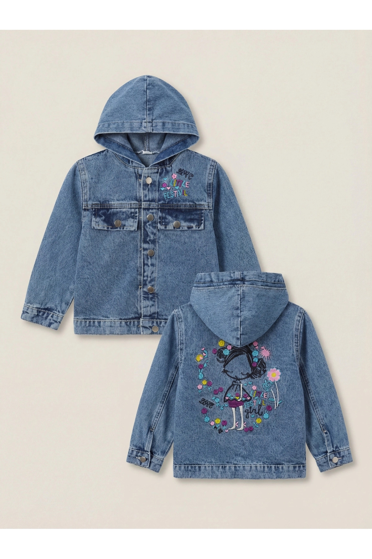 DUDOR KİDS  Kız Çocuk Kapşonlu Nakışlı Kot Ceket-Jeans Ceket/Kot Mont-Jeans Mont-Bayramlık - Görsel 2