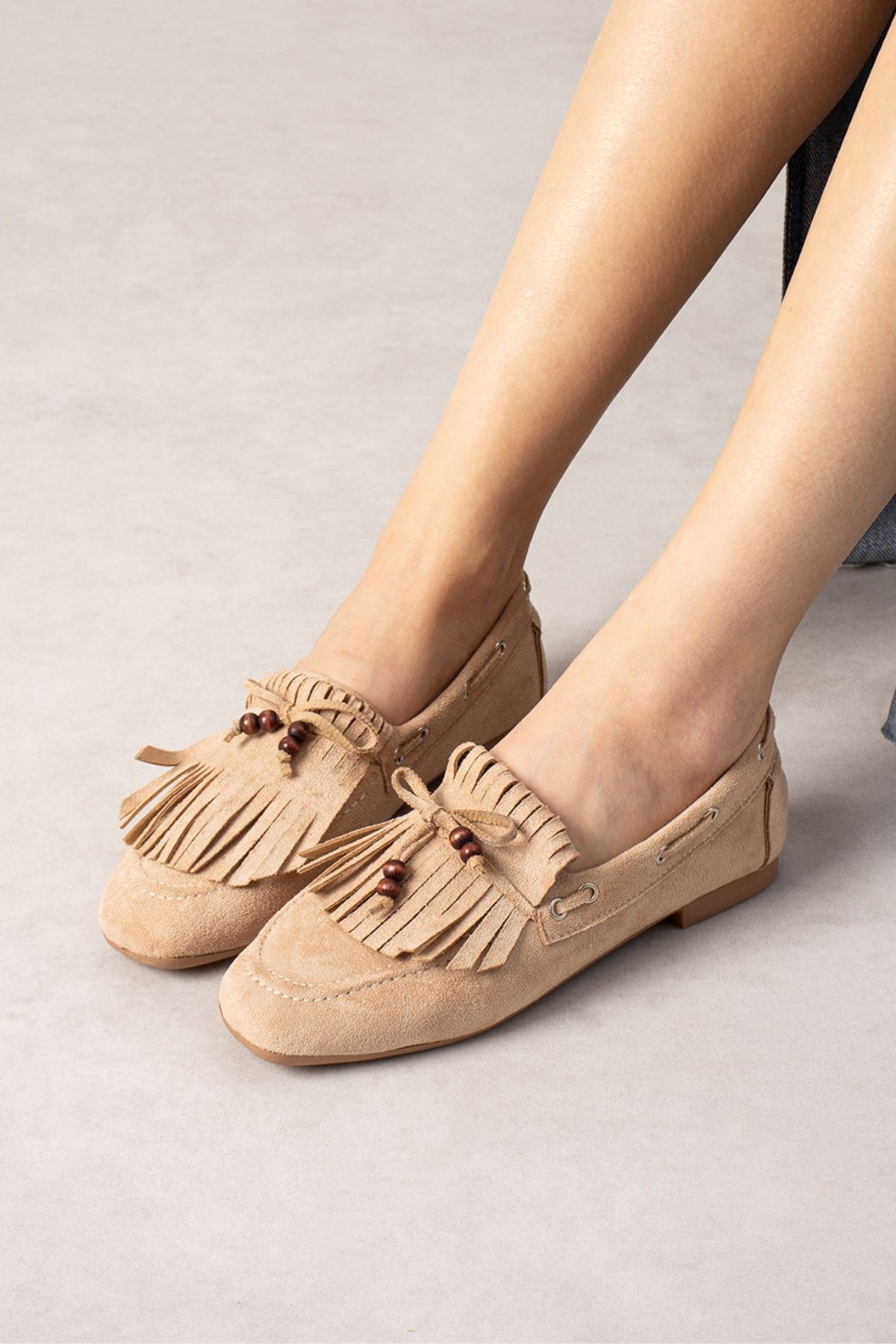 FUGA MODA Ravello Vizon Süet Boncuk Detaylı Püsküllü Bağcıklı Loafer Babet Günlük Ayakkabı