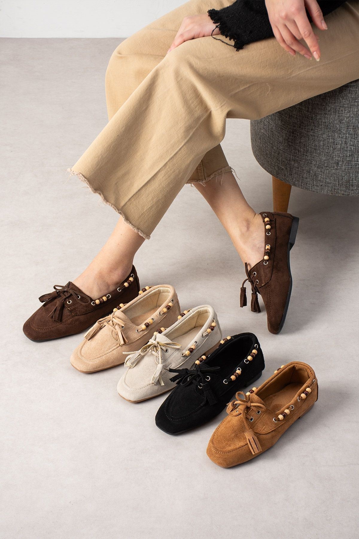 FUGA MODA  Tessora Siyah Süet Boncuk Detaylı Püsküllü Bağcıklı Loafer Babet Günlük Ayakkabı - Görsel 6