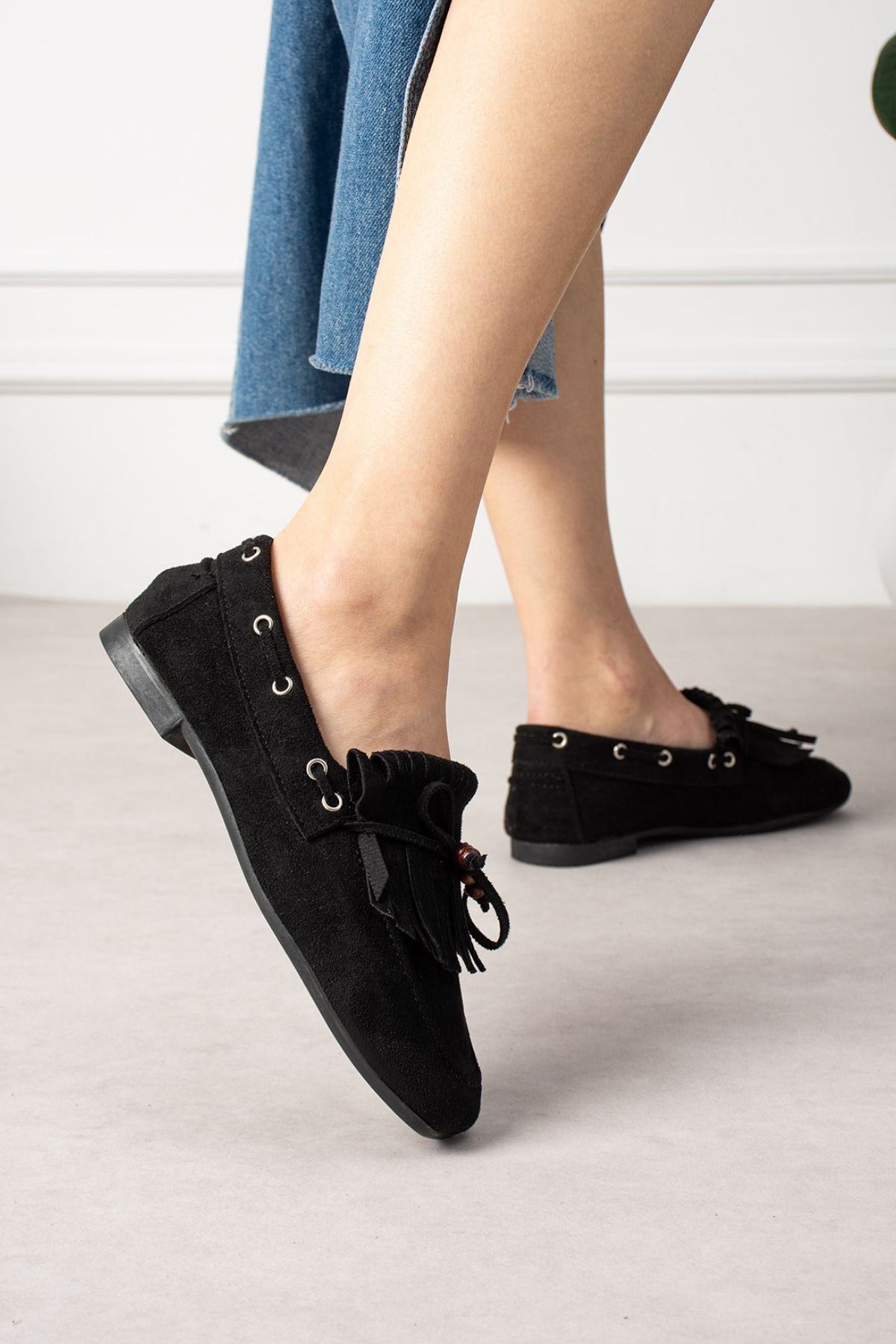 FUGA MODA Ravello Siyah Süet Boncuk Detaylı Püsküllü Bağcıklı Loafer Babet Günlük Ayakkabı görsel 4