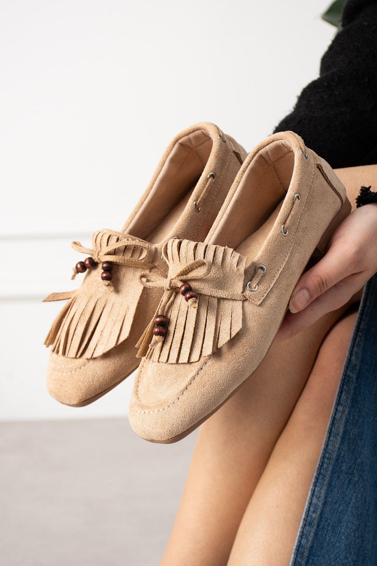 FUGA MODA Ravello Vizon Süet Boncuk Detaylı Püsküllü Bağcıklı Loafer Babet Günlük Ayakkabı görsel 3