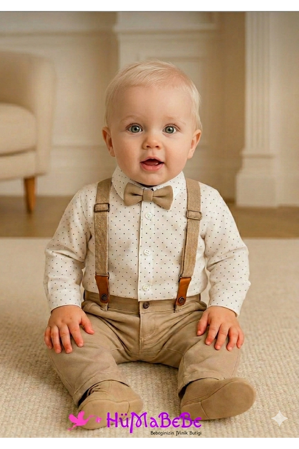 hümabebe Puantiye zıbın gömlekli tarz belden ayarlanabilir keten pantolonlu bayramlık 4lü Takım fotoğrafı 3 (önizleme)