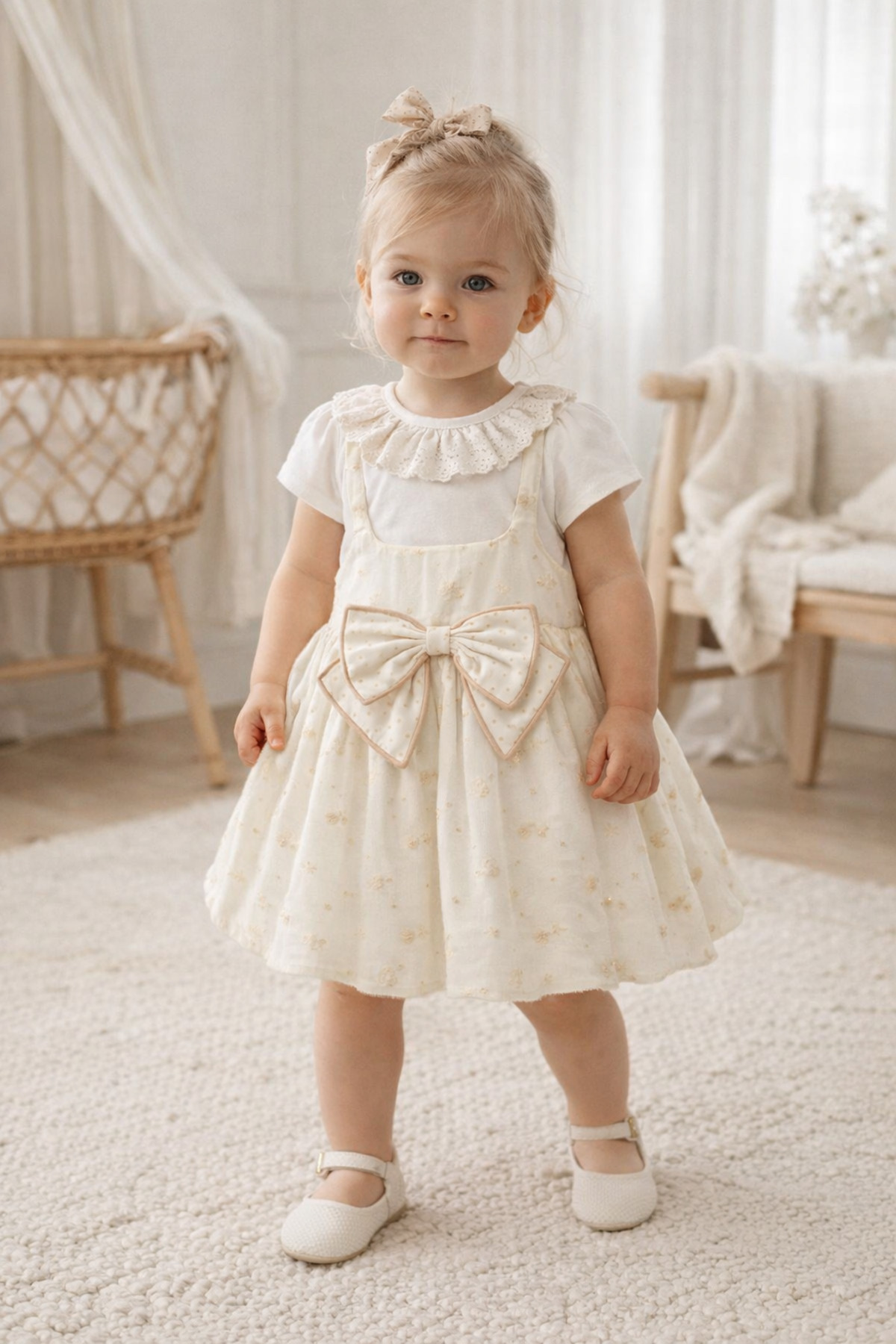 limebabies NOYNOY Kız Bebek 3’lü Takım – Dantel Yakalı Tişört, Fiyonklu Jile Elbise ve Bandana Seti 9-24 Ay fotoğrafı 2 (önizleme)