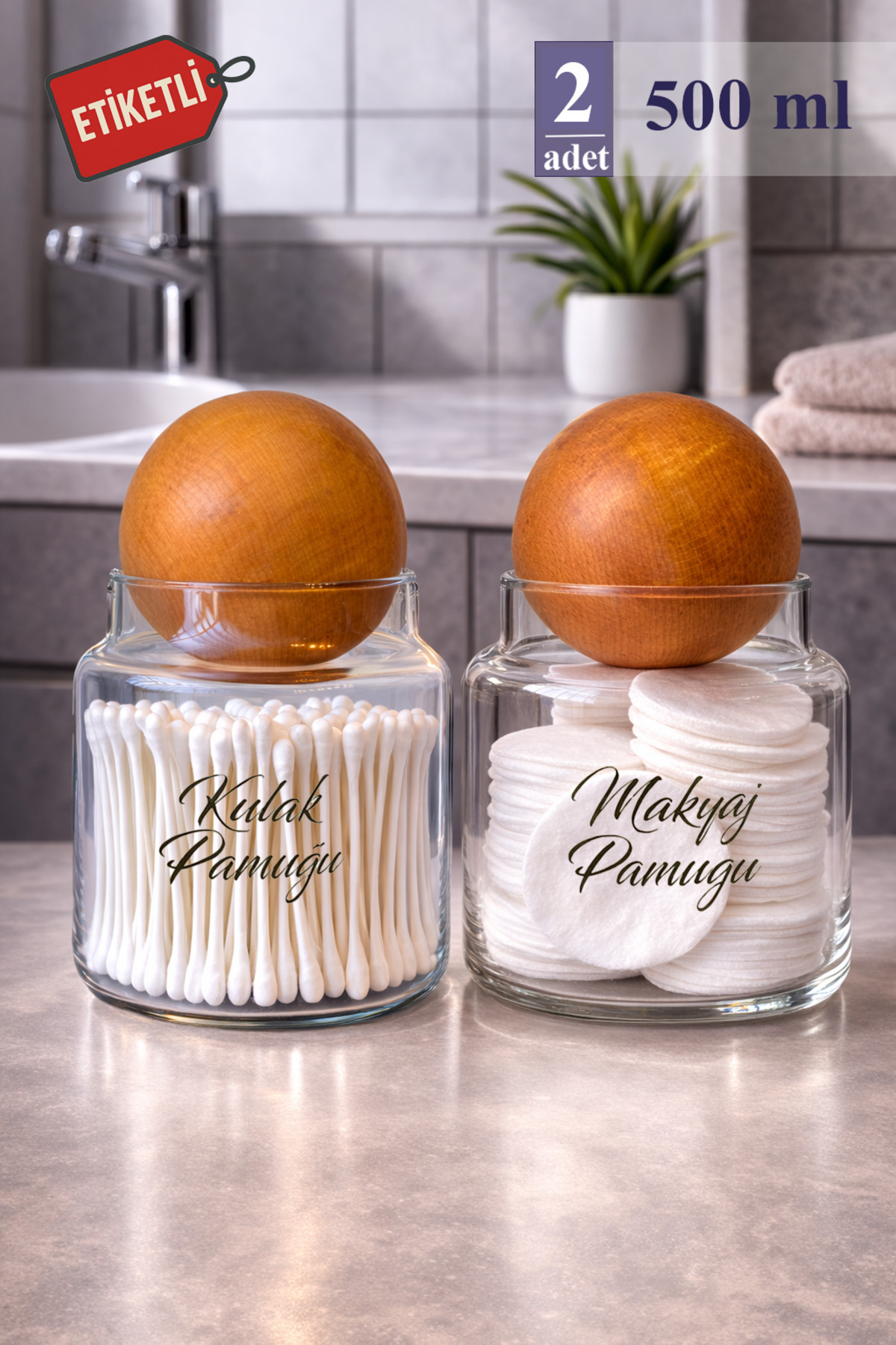 Pureglass 2-Piece 500 ml Glass Cotton Bowl with Oversized Wooden Ball Lid – Label Glass Jar with Hedge