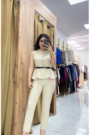 LİFERA Gold Düğme Detaylı Peplum Yelek Ve Kalem Pantolon İkili Takım, Ceket- ...