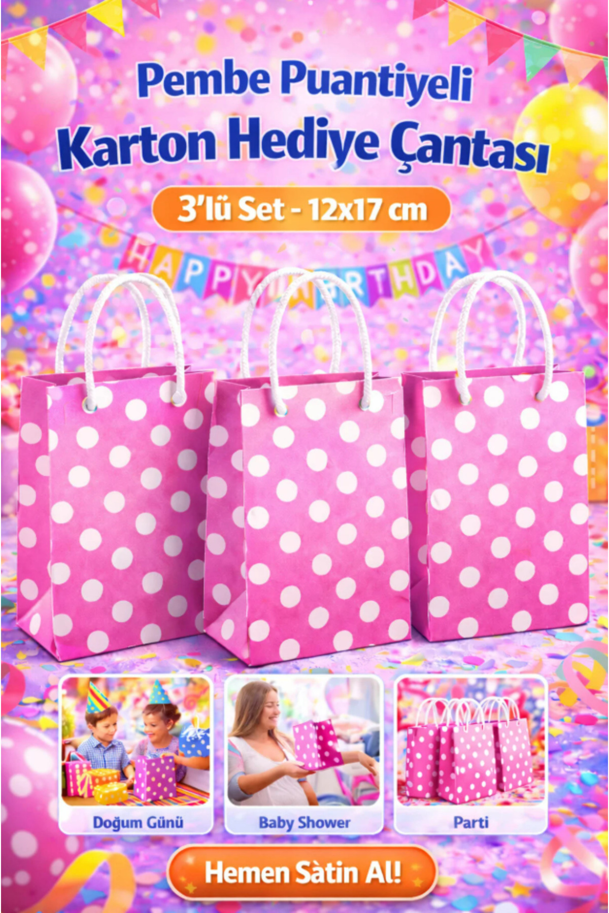 OPTİMEX Pembe Puantiyeli Karton Hediye Çantası 3’lü Set – 12x17 cm – Parti Doğum Günü Baby Shower Uyumlu fotoğrafı 3 (önizleme)