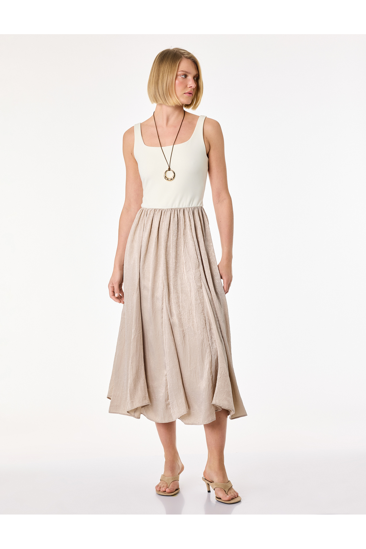Koton Square Neck Strap Midi Dress with Two Different Fabrics