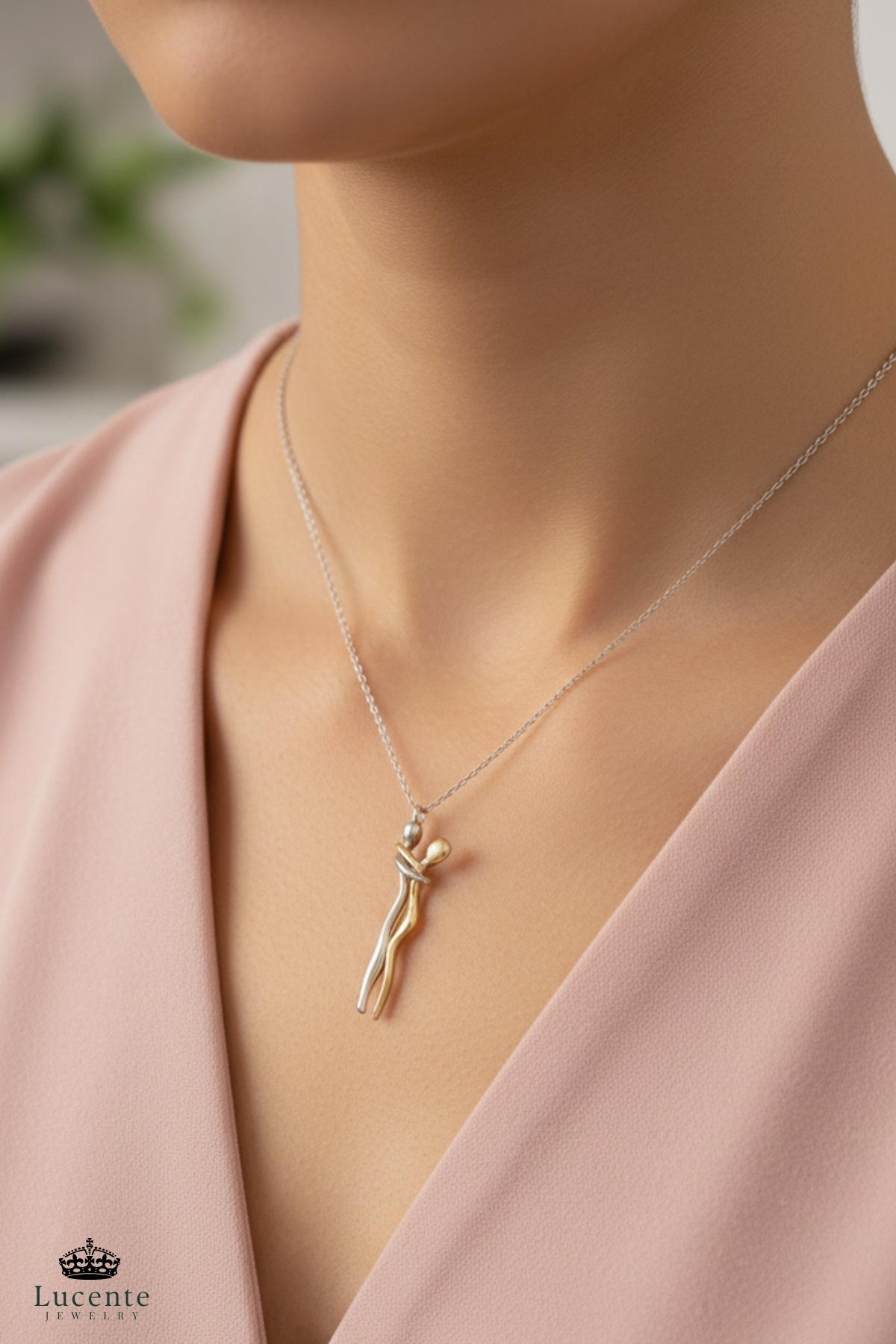 Lucente Jewellery Işıklı Hediye Kutulu 925 Ayar Luxury Serisi Birbirine Sarılan Çift Sevgili Kolyesi Gümüş Özel Gün Hediyesi 45 Cm Zincirli Sonsuz Aşk Güven Bağlılık ve Sadakat Simgesi Küpe Hediyeli Şık Kadın Kolye görsel 5