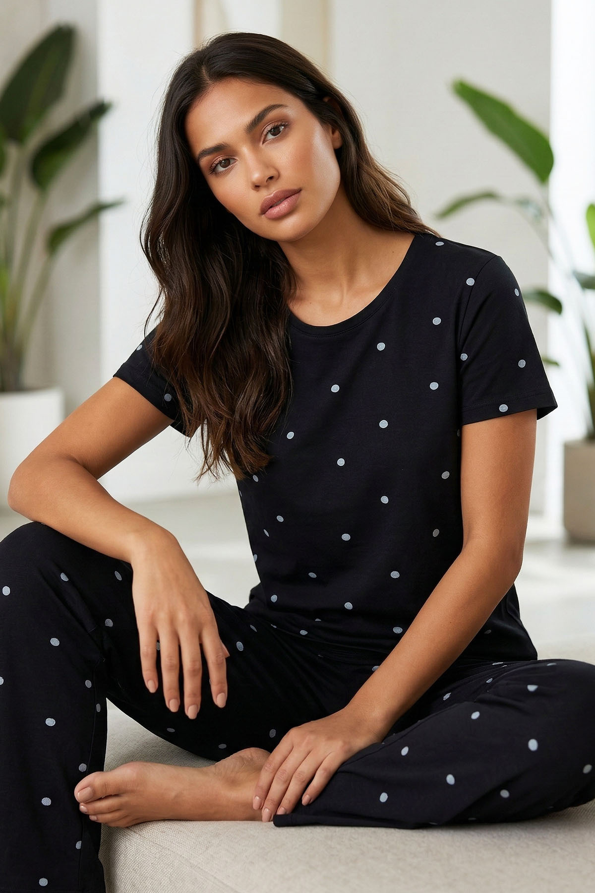 Siyah İnci  Siyah Kısa Kollu Pamuklu Pijama Takımı