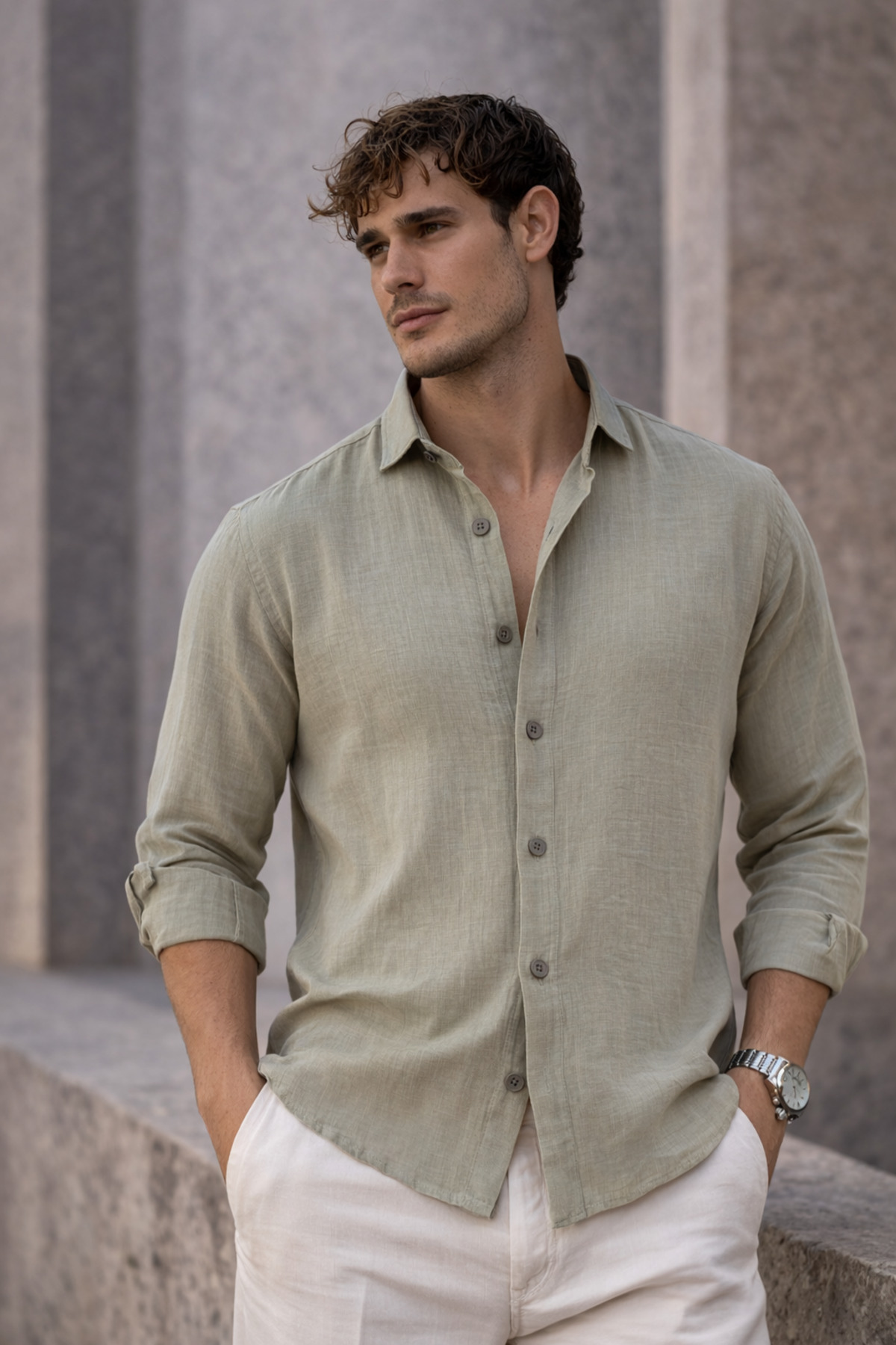 Valiberta  Nefes Alabilir Yarım Oversize Müslin Kumaş Uzun Kol Yakalı Erkek Gömlek - Açık Haki