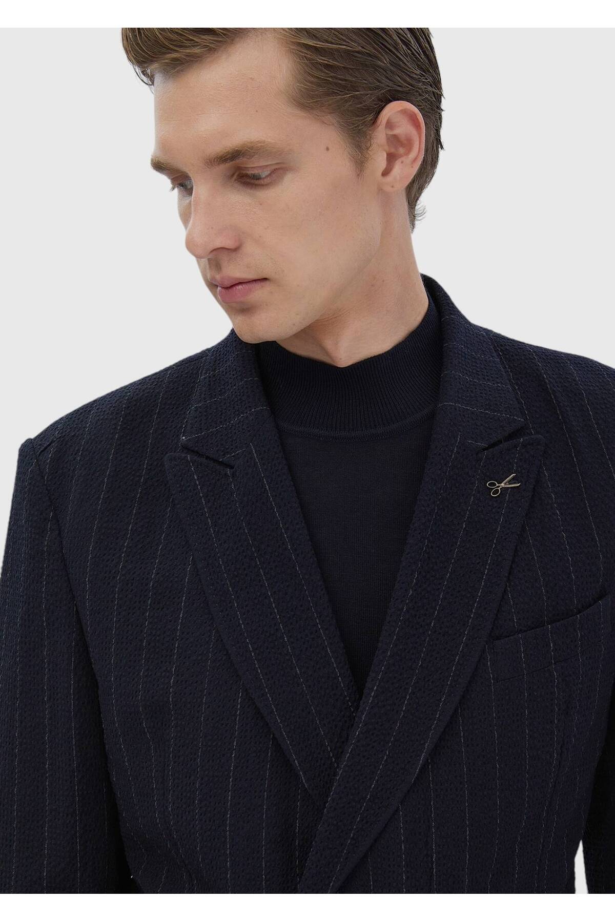 Ramsey  Lacivert Çizgili Comfort Fit Pamuk Karışımlı Takım Elbise - Görsel 4