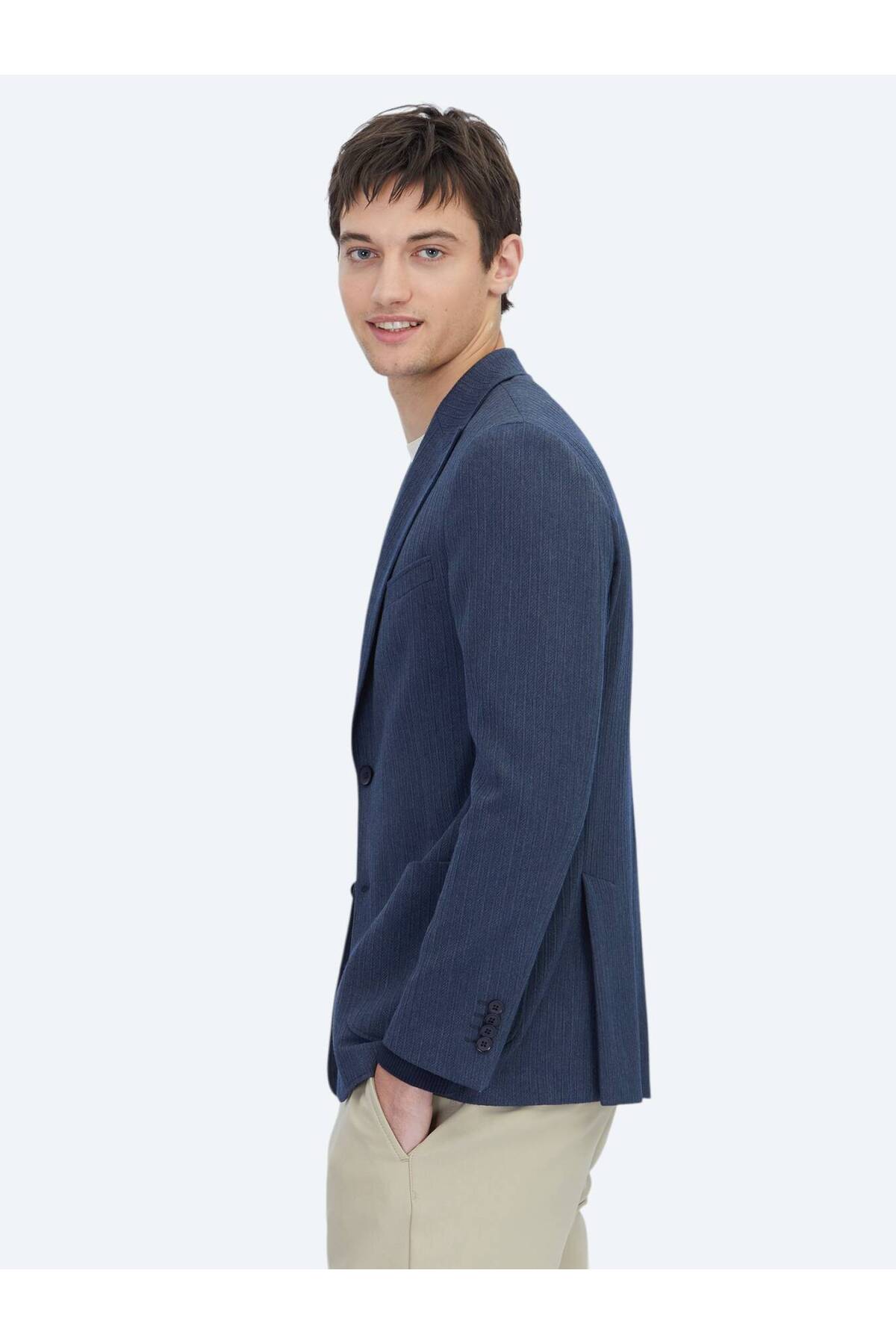 Kip  Koyu Lacivert Çizgili Modern Fit Ceket - Görsel 3