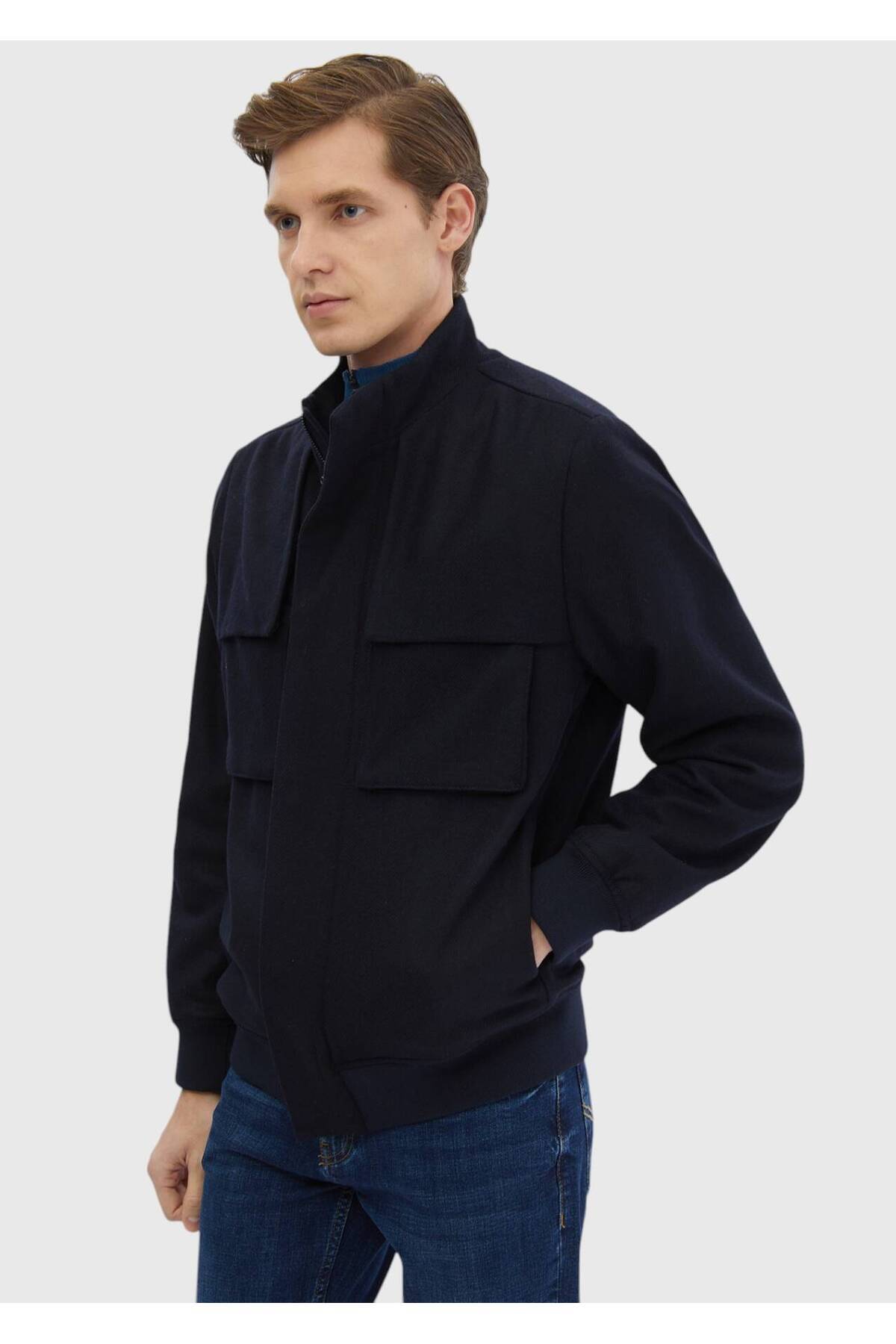 Ramsey Lacivert Regular Fit Dik Yaka Casual Dokuma Mont görsel 4
