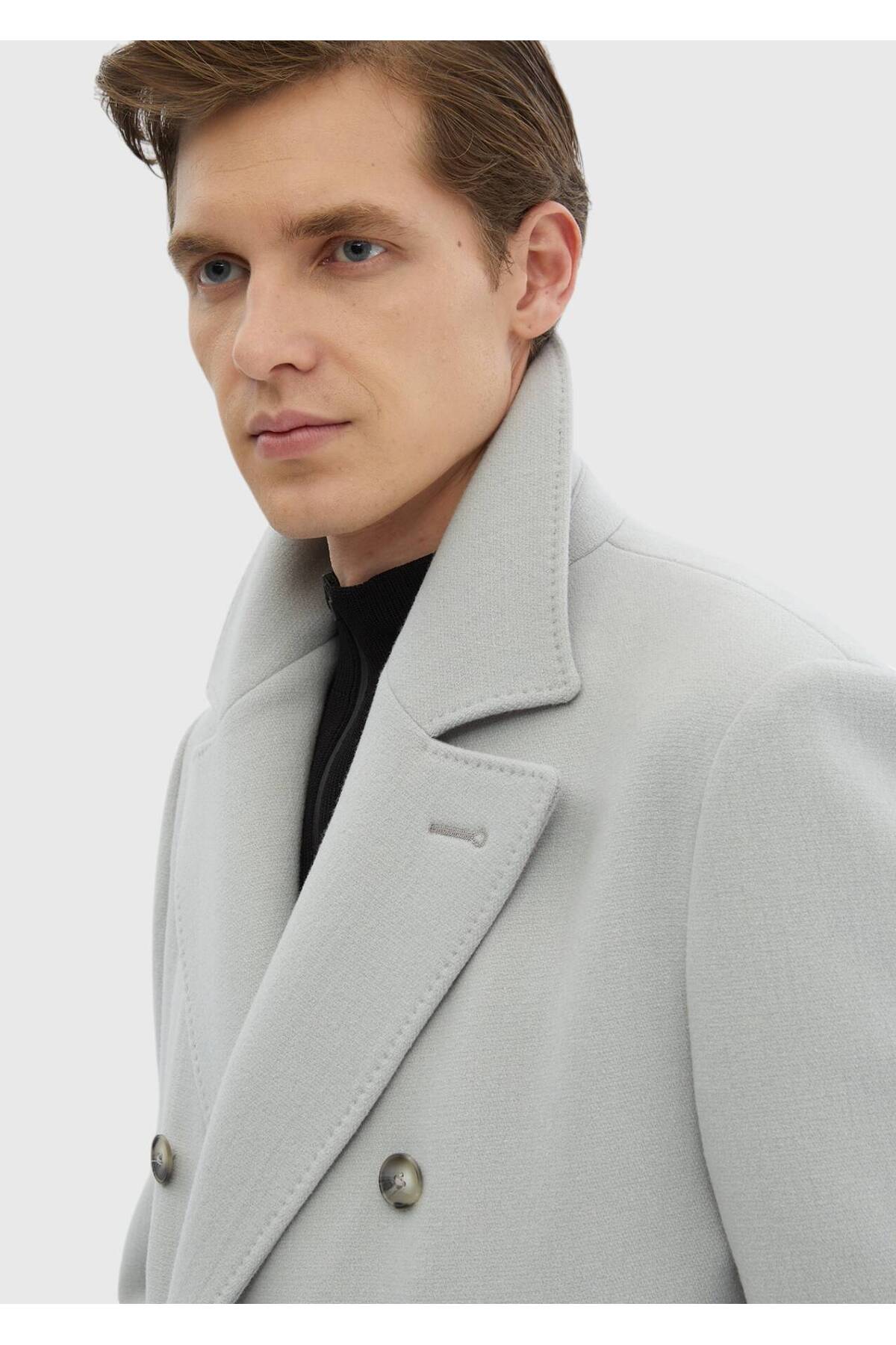 Ramsey  Gri Regular Fit Kruvaze Yaka Casual Dokuma Palto - Görsel 8