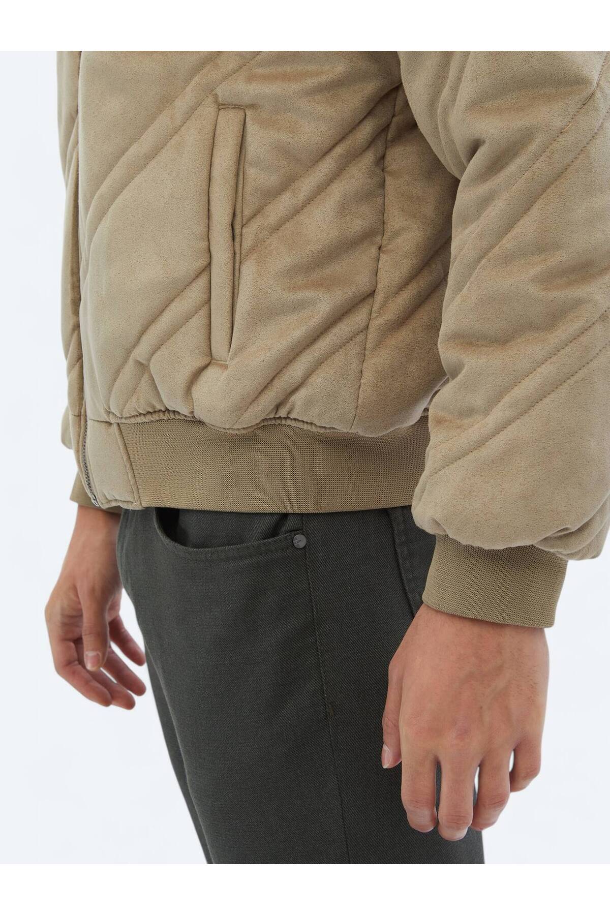 Kip Bej Regular Fit Dik Yaka Casual Dokuma Mont görsel 5
