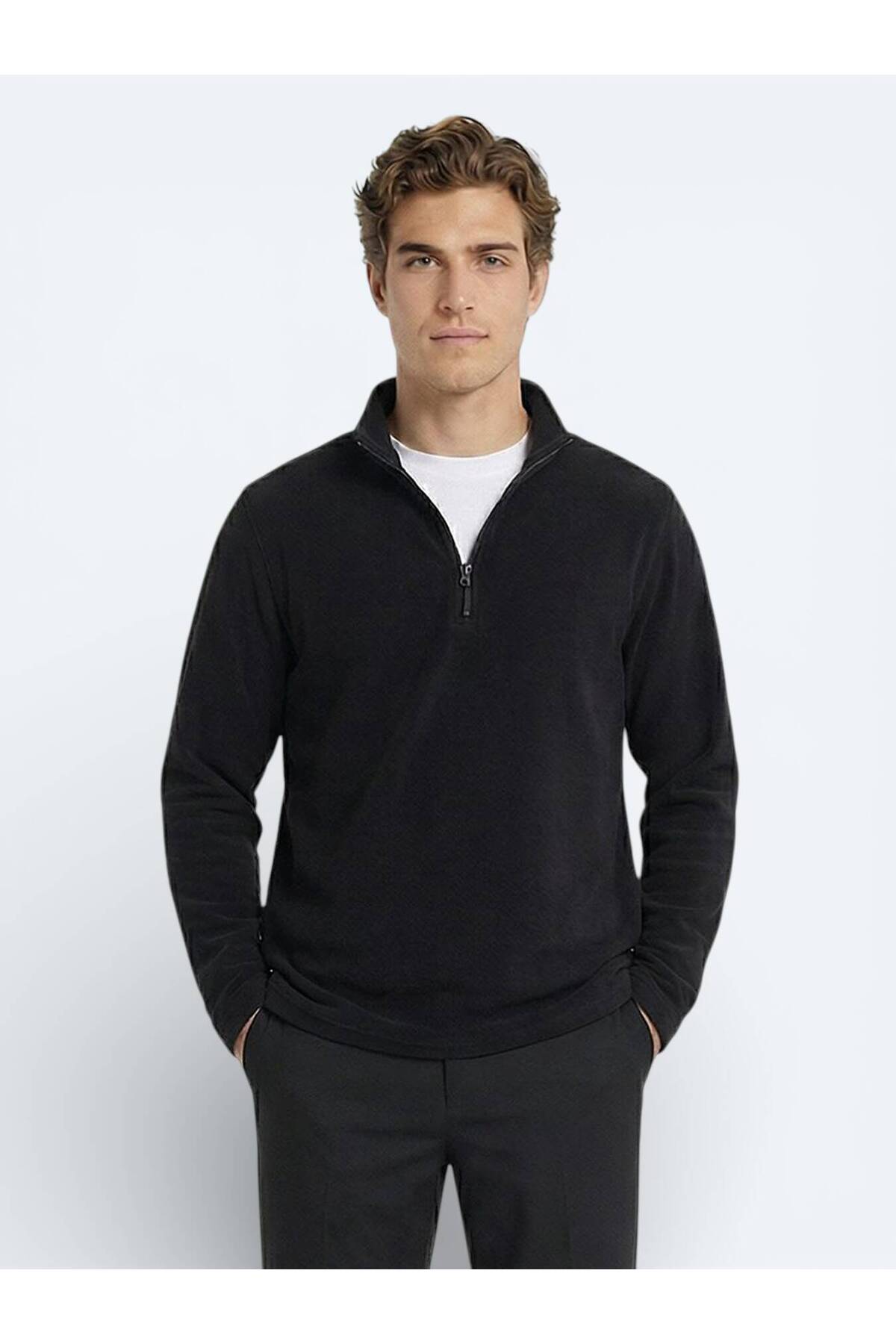 Kip Siyah Dik Yaka Düz Polar Sweatshırt — رنگارنگ 10161094