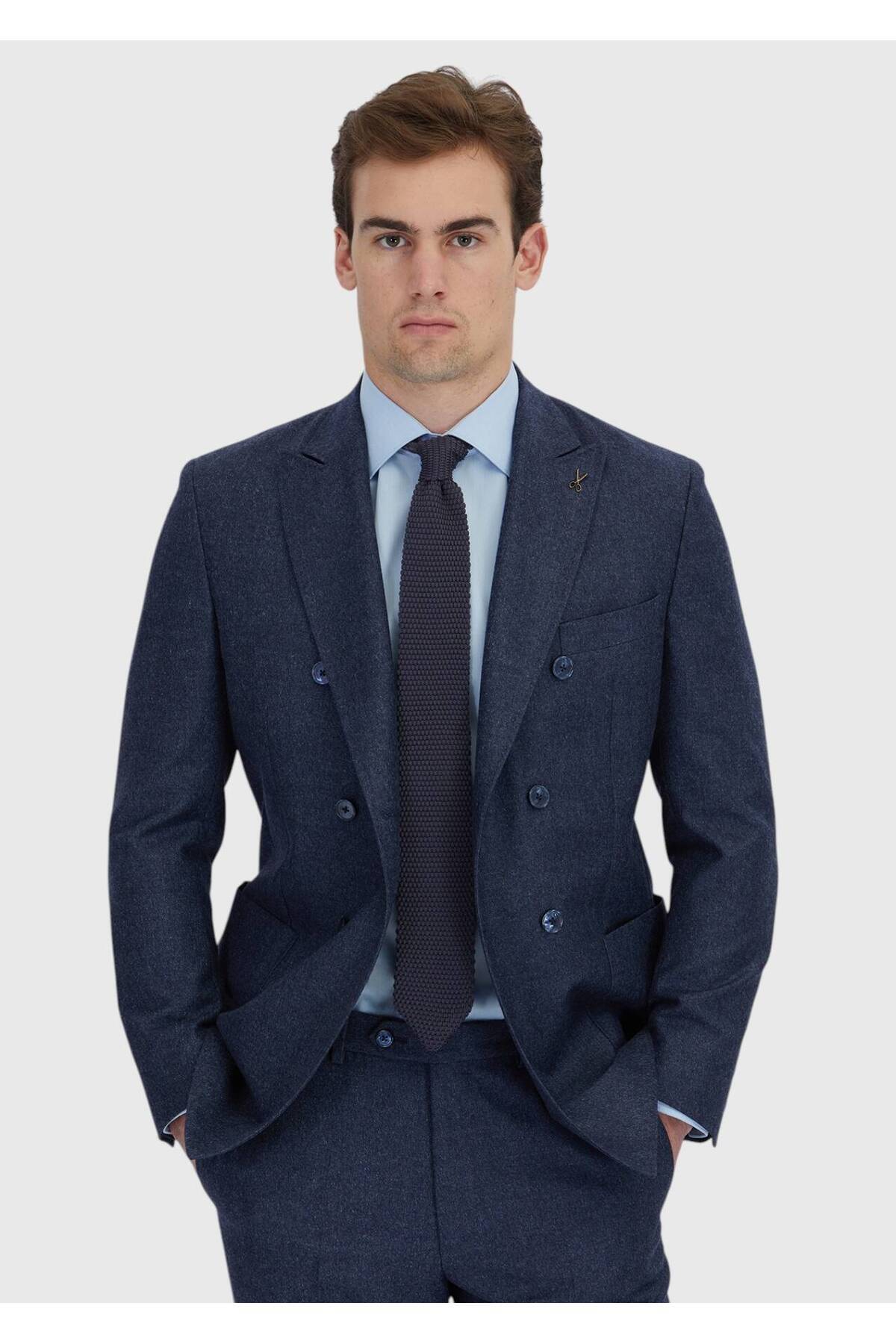 Ramsey Navy Blue Plain Zeroweight Slim Fit Wool Blended Suit