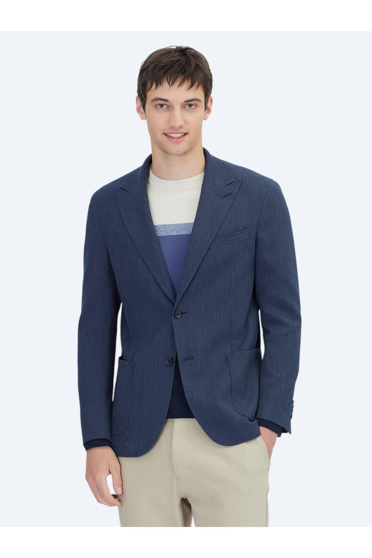 Kip  Koyu Lacivert Çizgili Modern Fit Ceket
