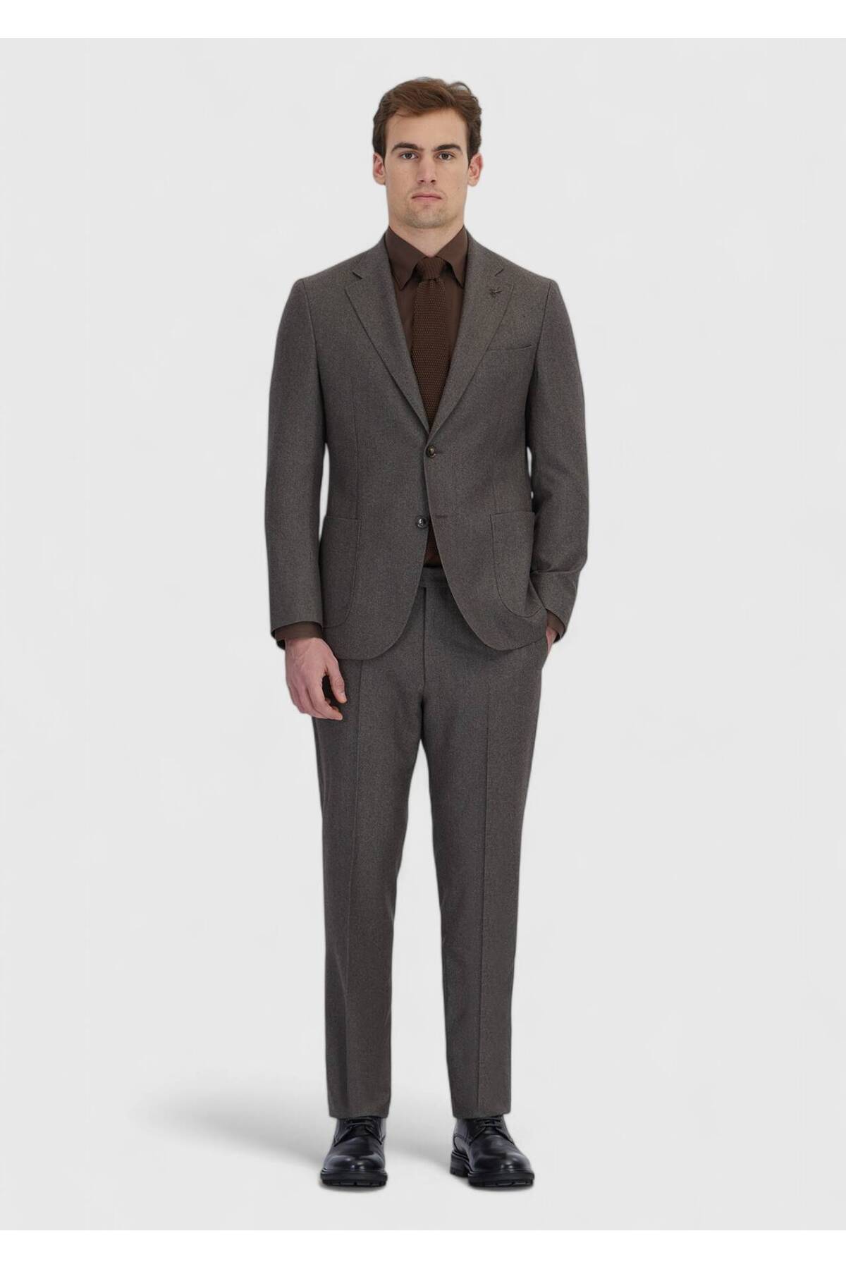 Ramsey Açık Kahve Desenli Zeroweight Slim Fit %100 Yün Takım Elbise görsel 2