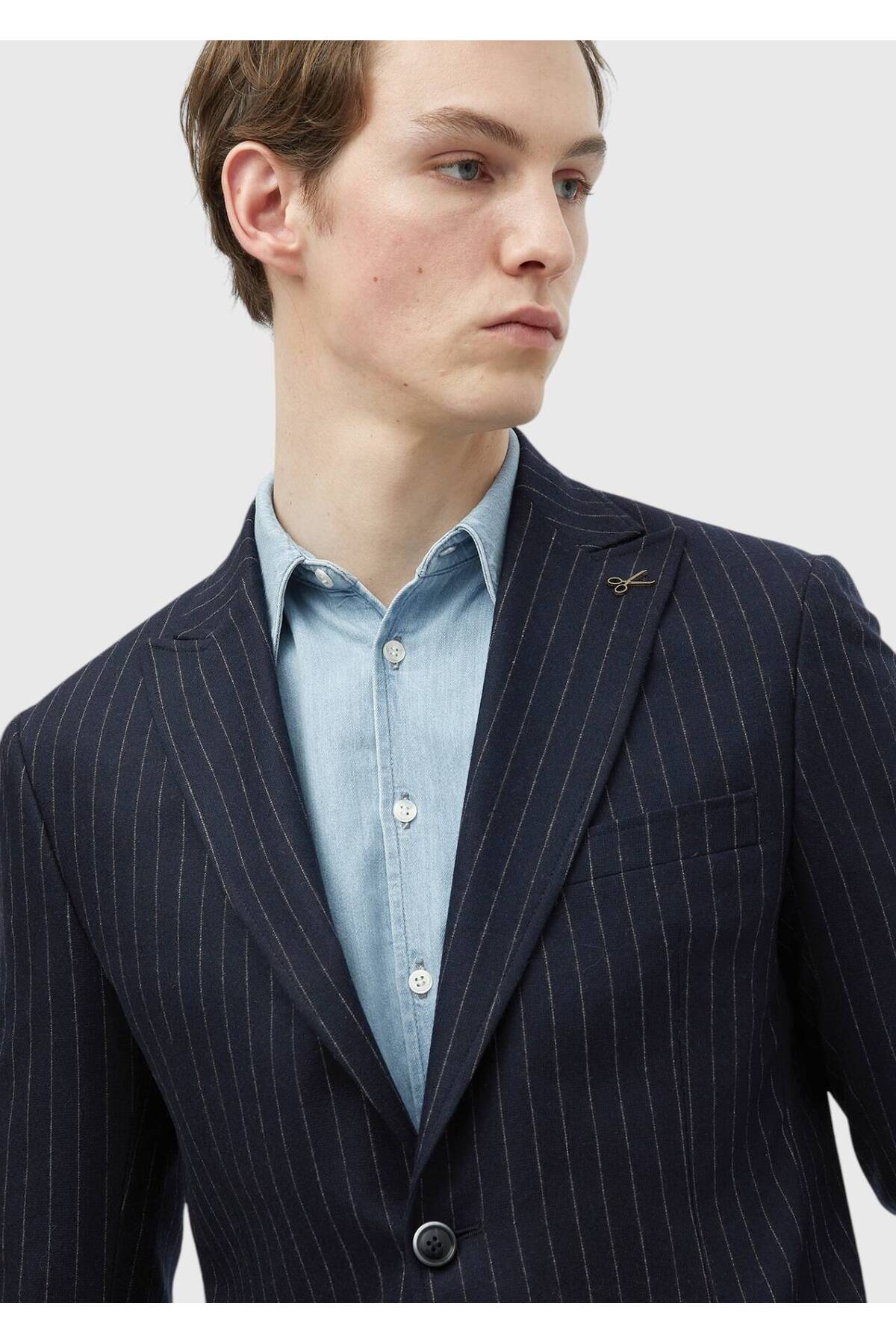 Ramsey  Lacivert Çizgili Zeroweight Slim Fit Yün Karışımlı Ceket - Görsel 4