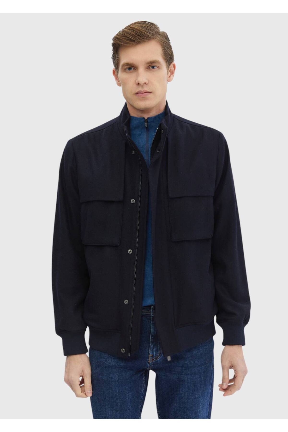 Ramsey Lacivert Regular Fit Dik Yaka Casual Dokuma Mont