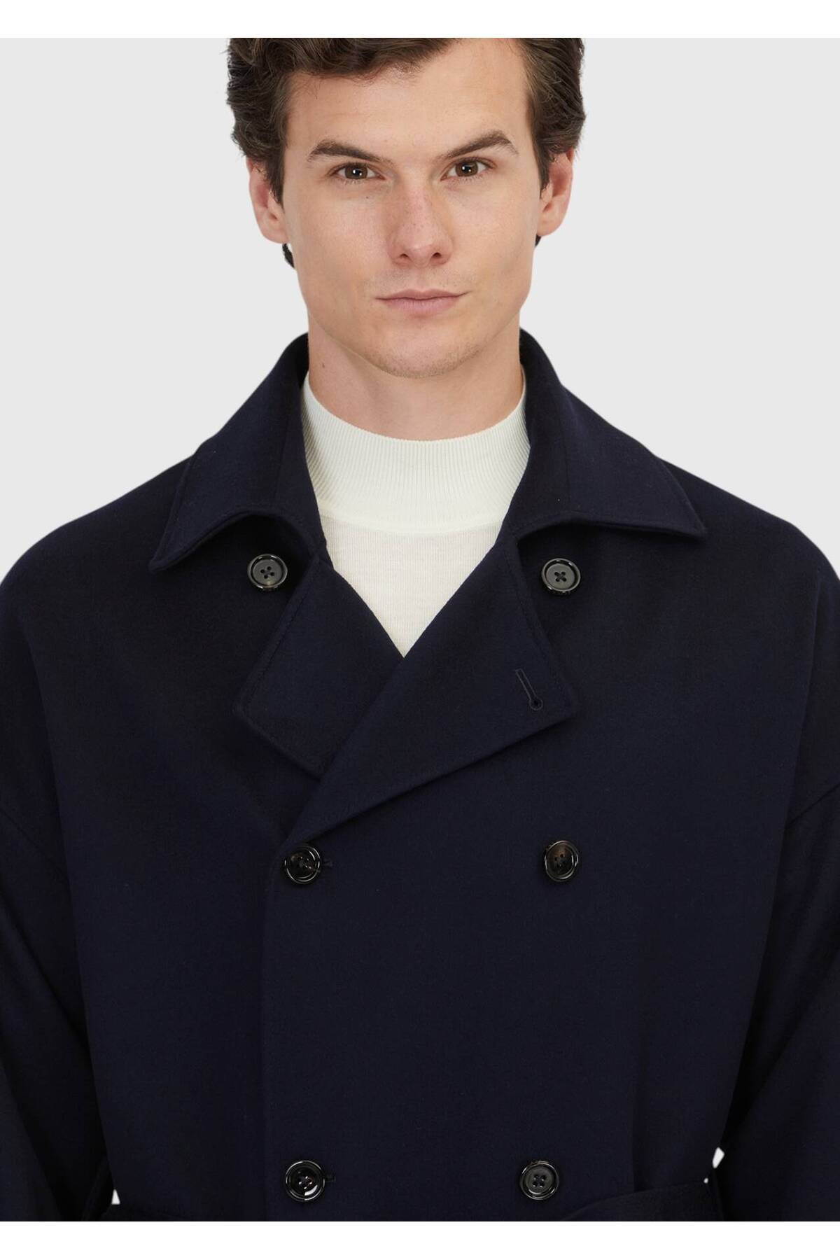 Ramsey Lacivert Oversize Fit Kruvaze Yaka Casual Dokuma Palto görsel 4
