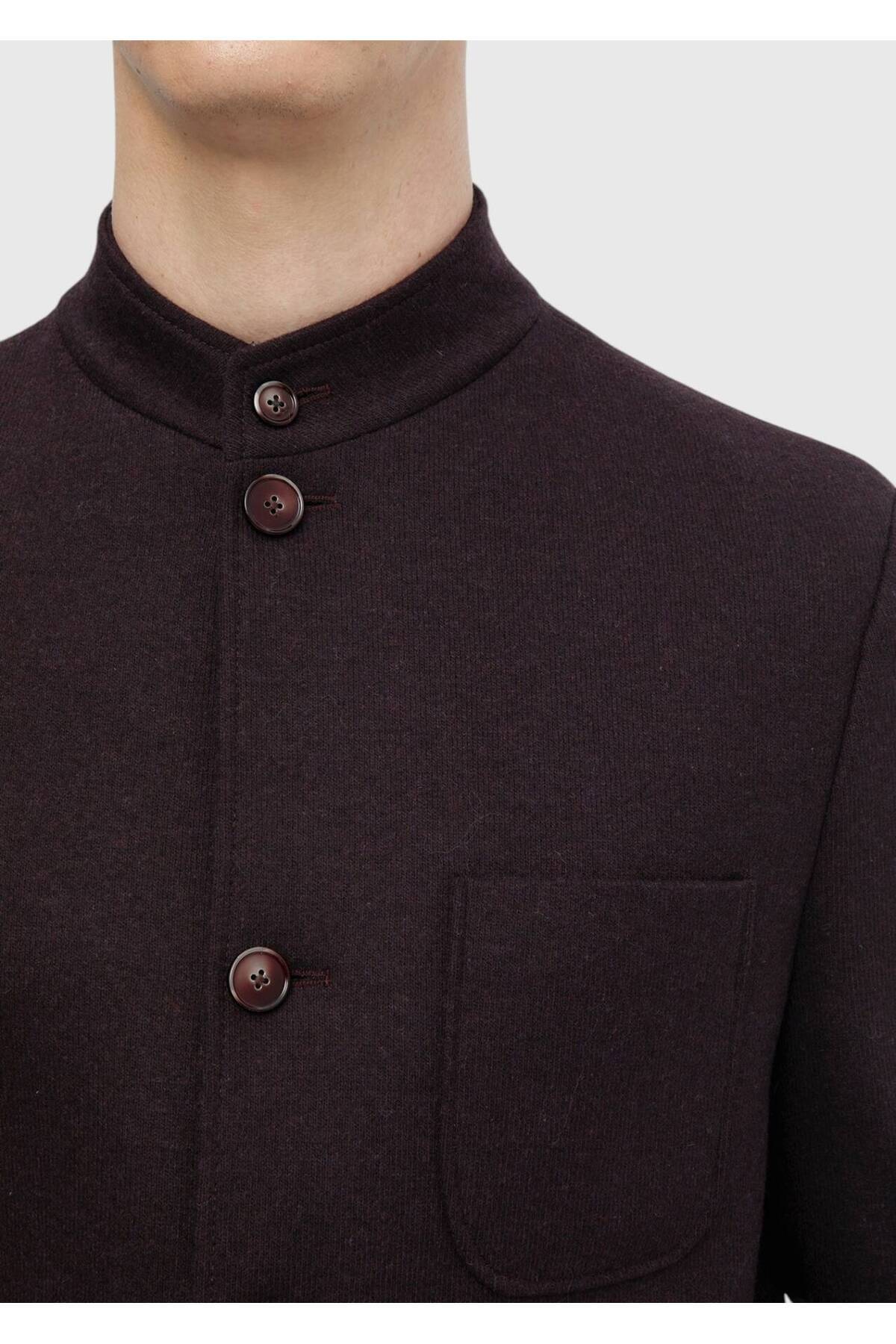 Ramsey  Bordo Düz Shirt Shoulder Slim Fit Yün Karışımlı Örme Ceket - Görsel 6