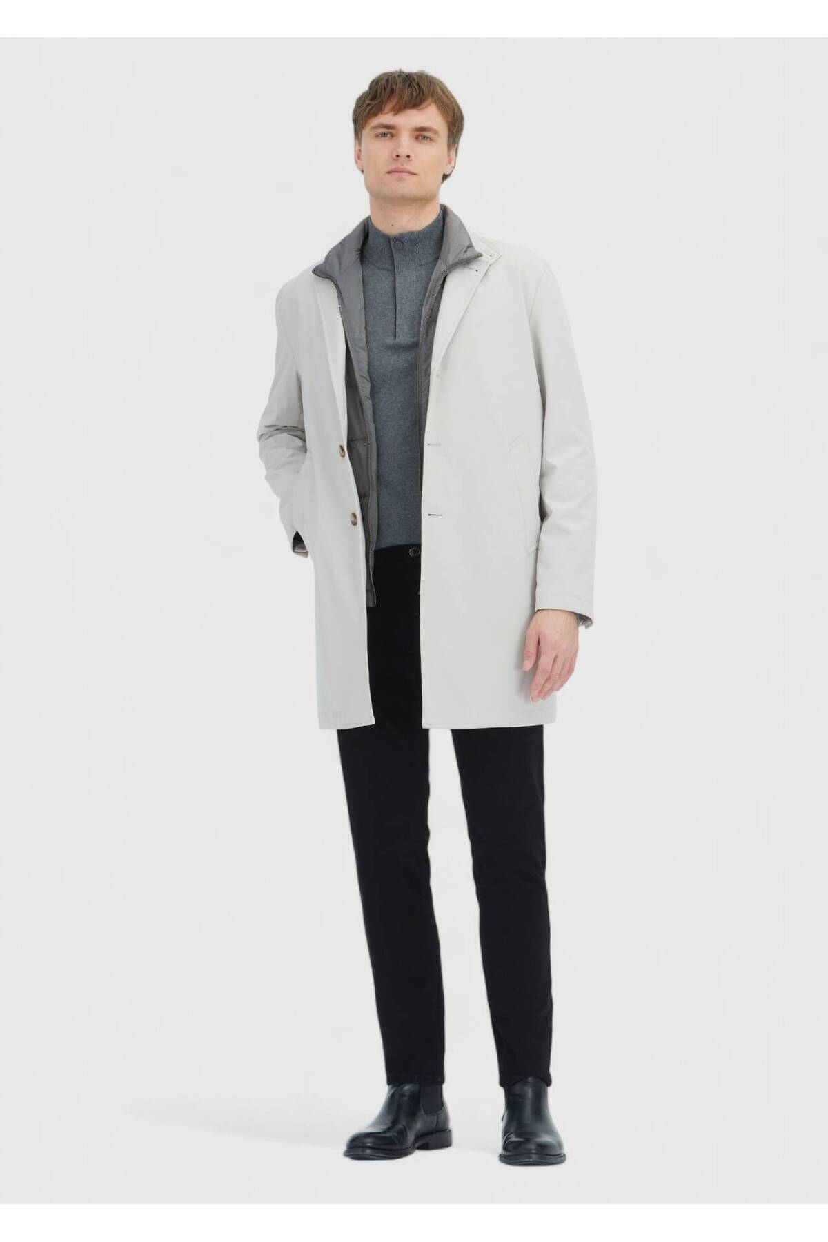 Ramsey Ekru Regular Fit Kruvaze Yaka Casual Dokuma Pardösü görsel 2