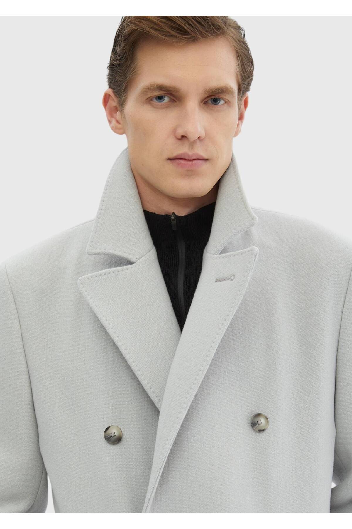 Ramsey  Gri Regular Fit Kruvaze Yaka Casual Dokuma Palto - Görsel 7