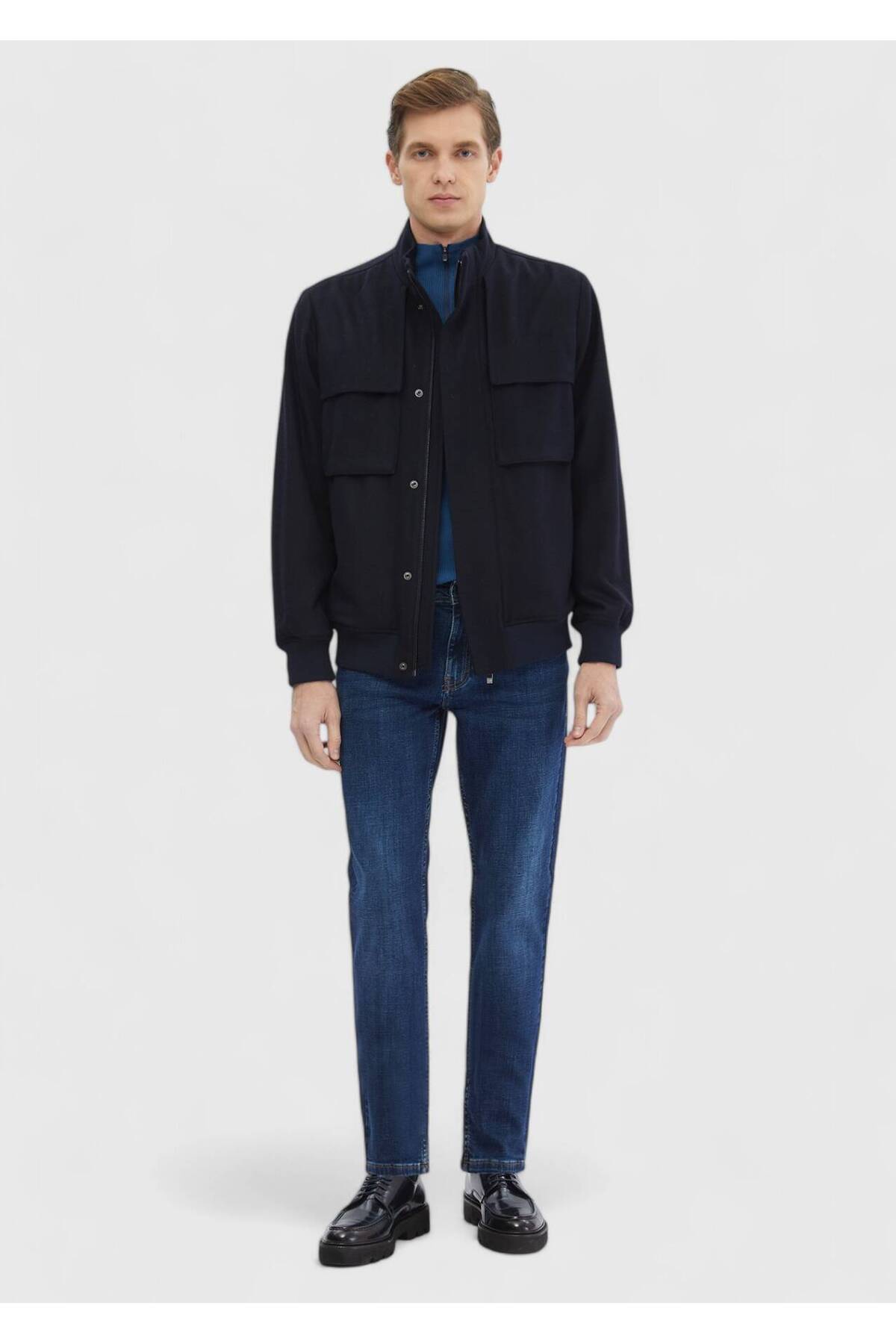Ramsey Lacivert Regular Fit Dik Yaka Casual Dokuma Mont görsel 2