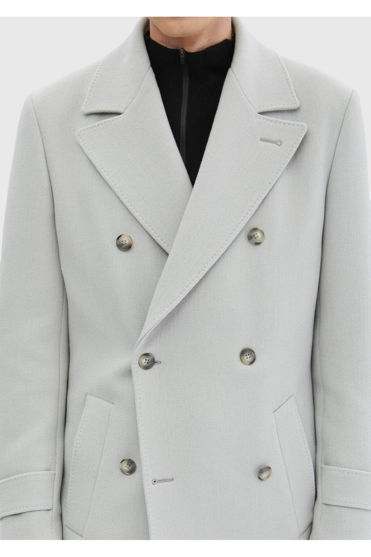Ramsey  Gri Regular Fit Kruvaze Yaka Casual Dokuma Palto - Görsel 6