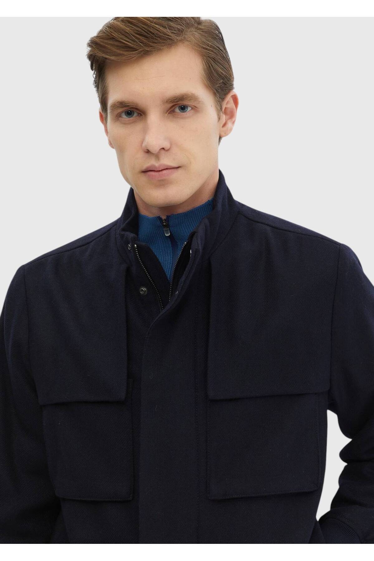 Ramsey Lacivert Regular Fit Dik Yaka Casual Dokuma Mont görsel 5
