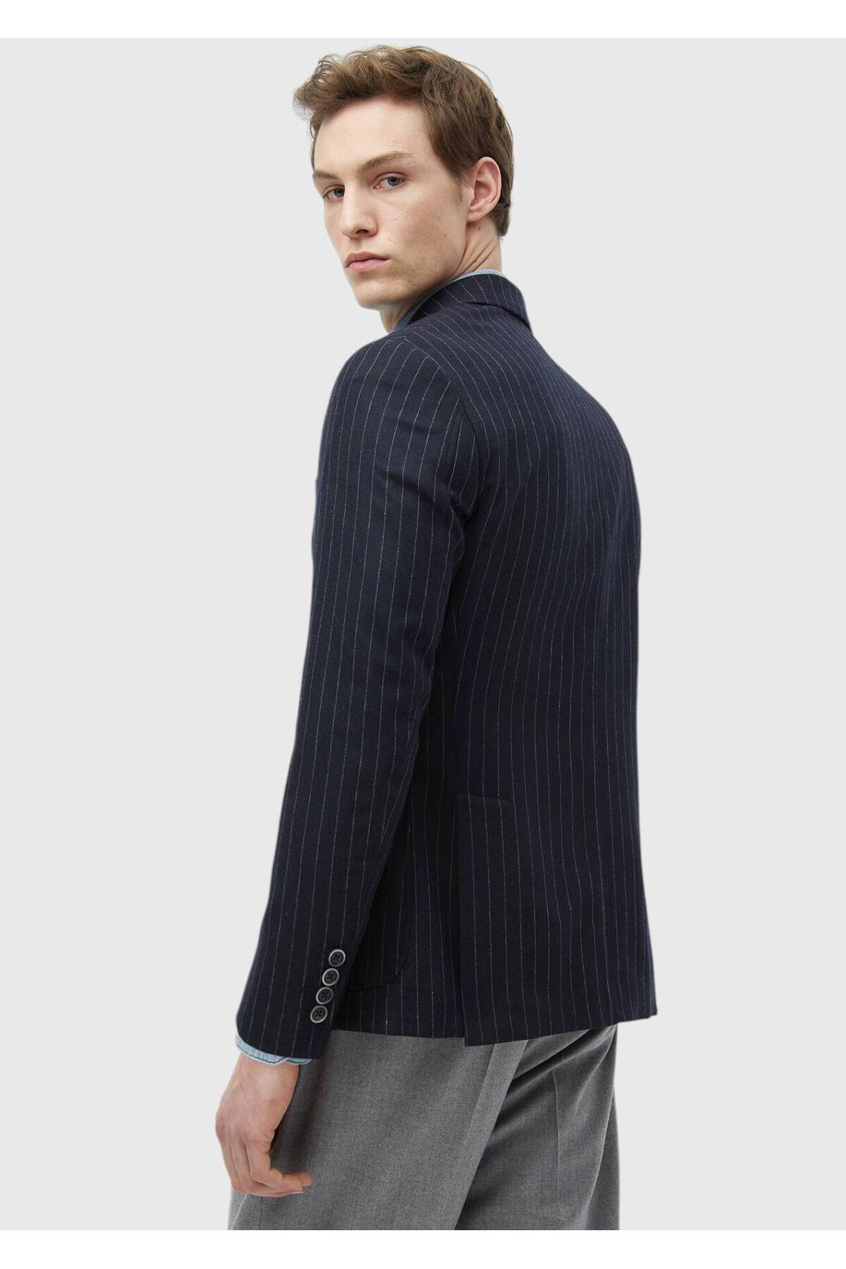 Ramsey  Lacivert Çizgili Zeroweight Slim Fit Yün Karışımlı Ceket - Görsel 6