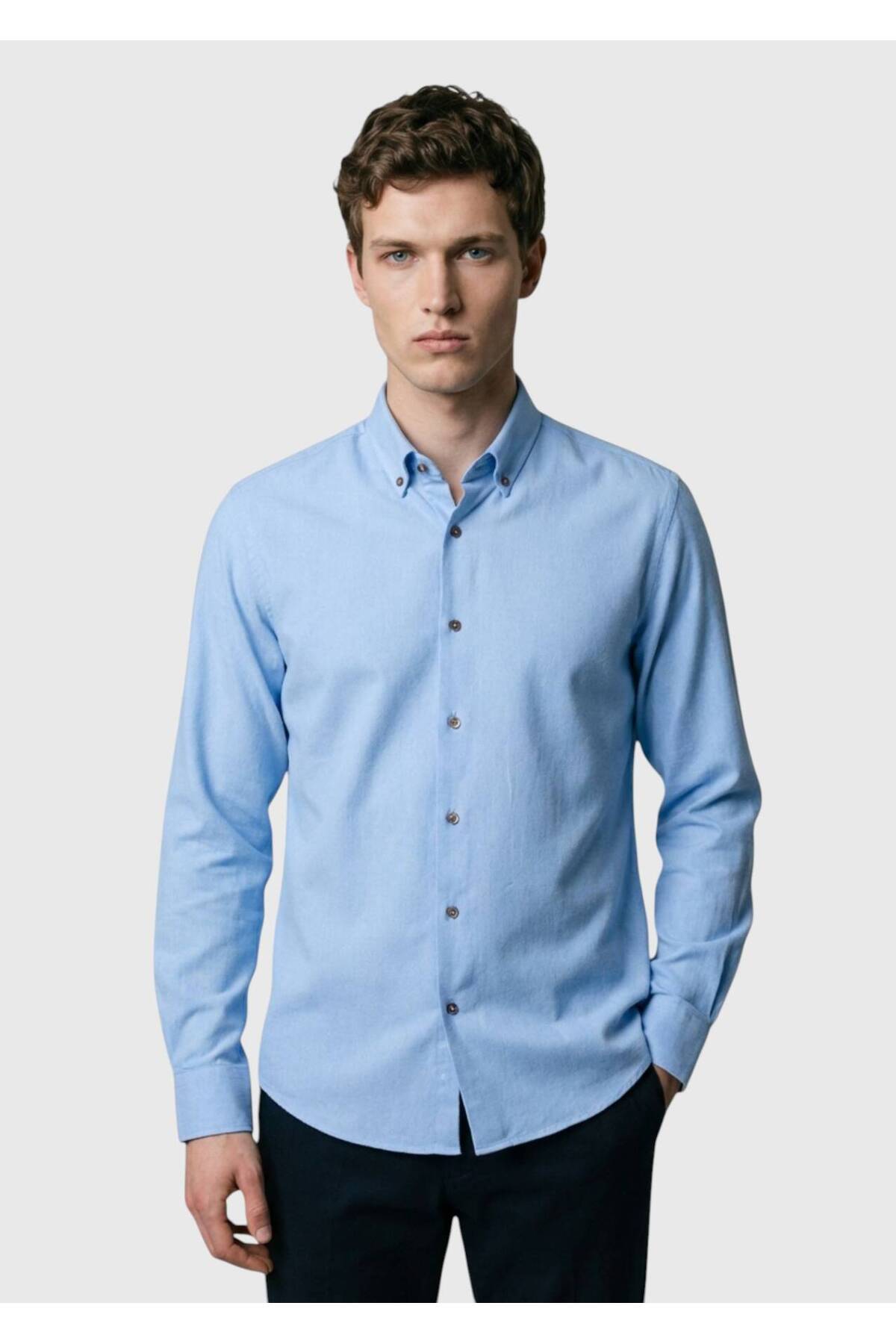 Ramsey  Mavi Düz Regular Fit Dokuma Casual %100 Pamuk Gömlek - Görsel 3