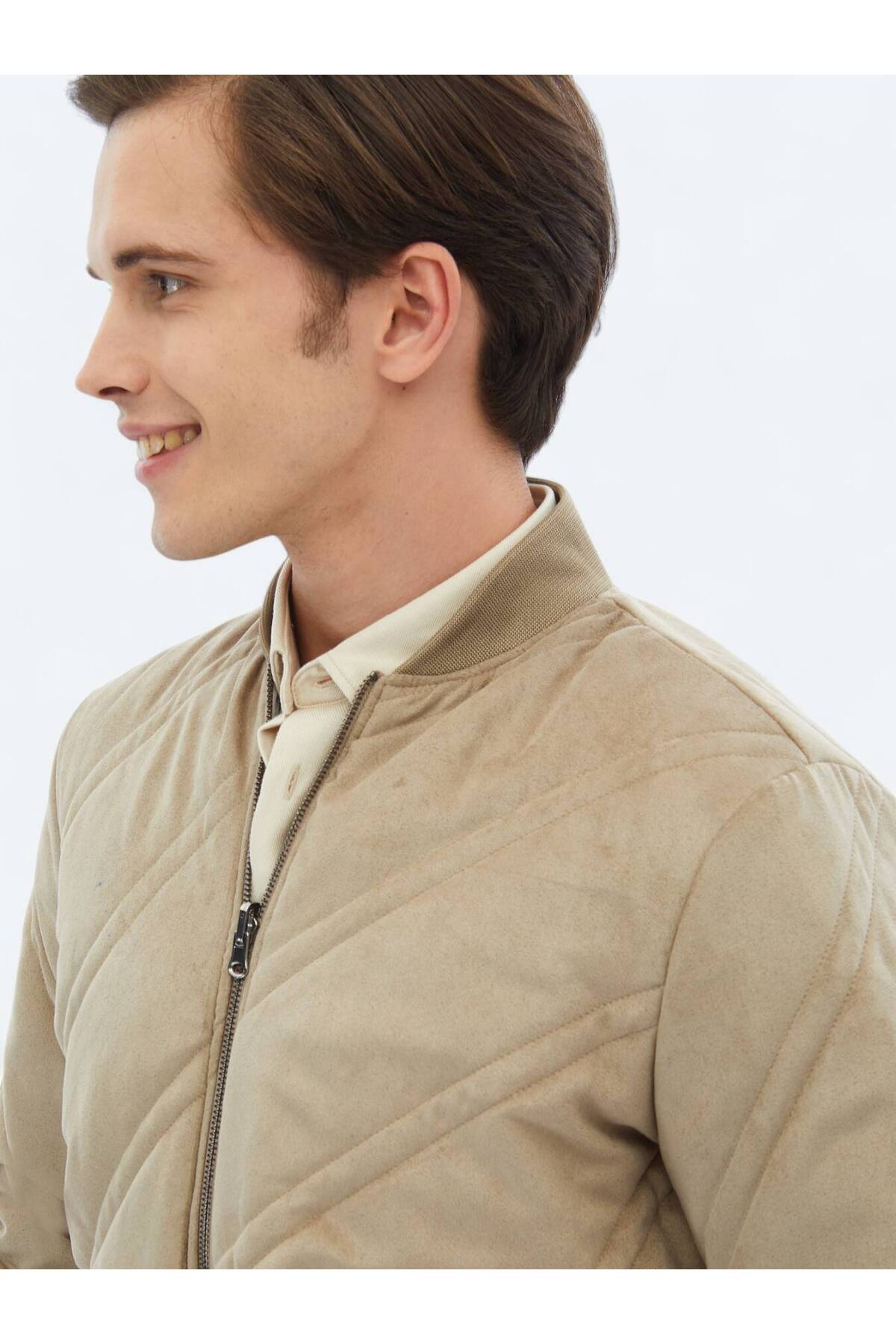 Kip Bej Regular Fit Dik Yaka Casual Dokuma Mont görsel 6