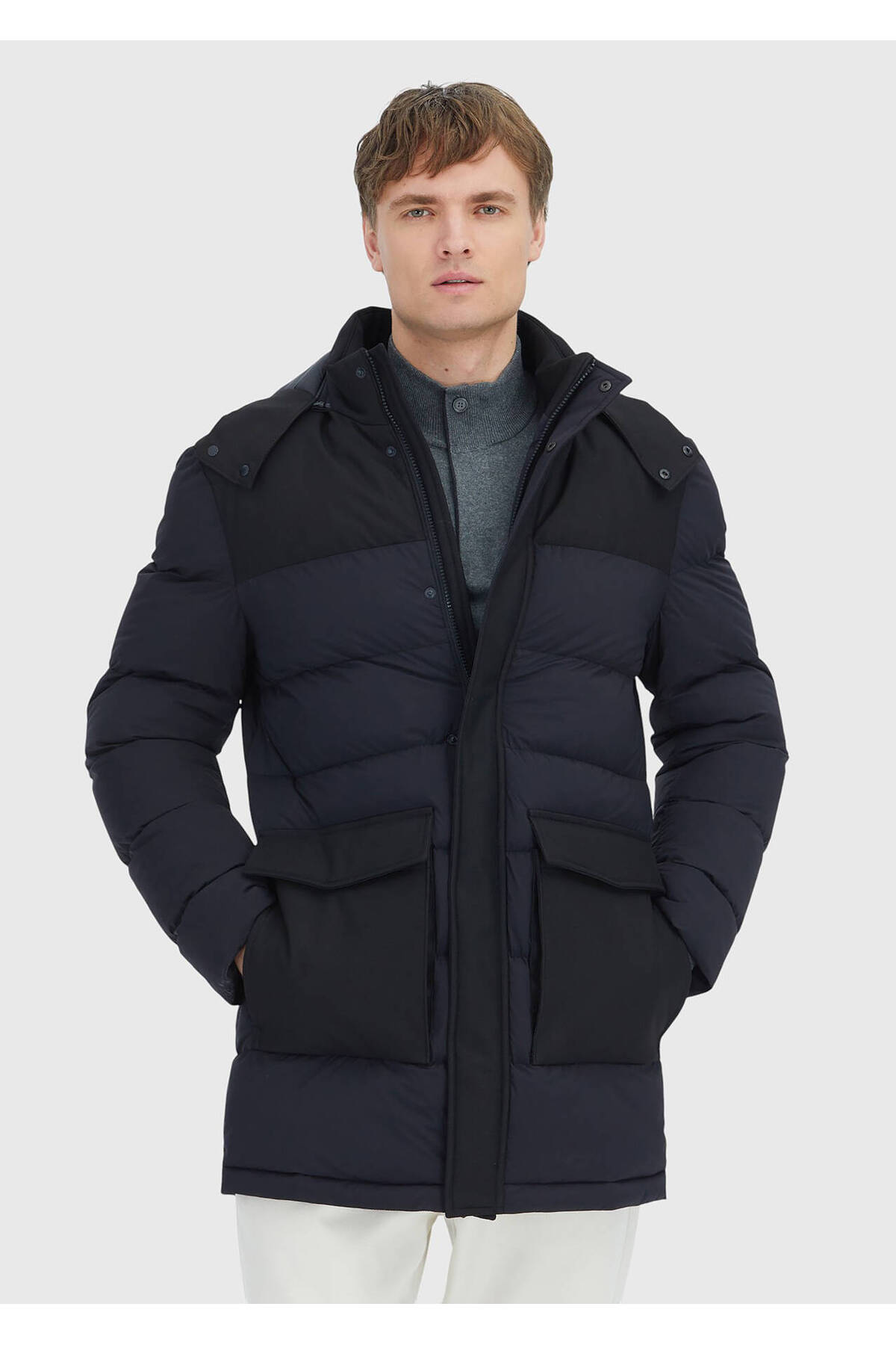 Ramsey  Siyah Regular Fit Kapüşonlu Klasik Dokuma Kaban