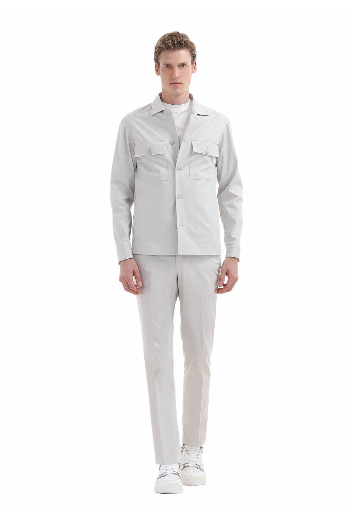 Ramsey Light Gray Cotton Blended Plain Comfort Fit Suit