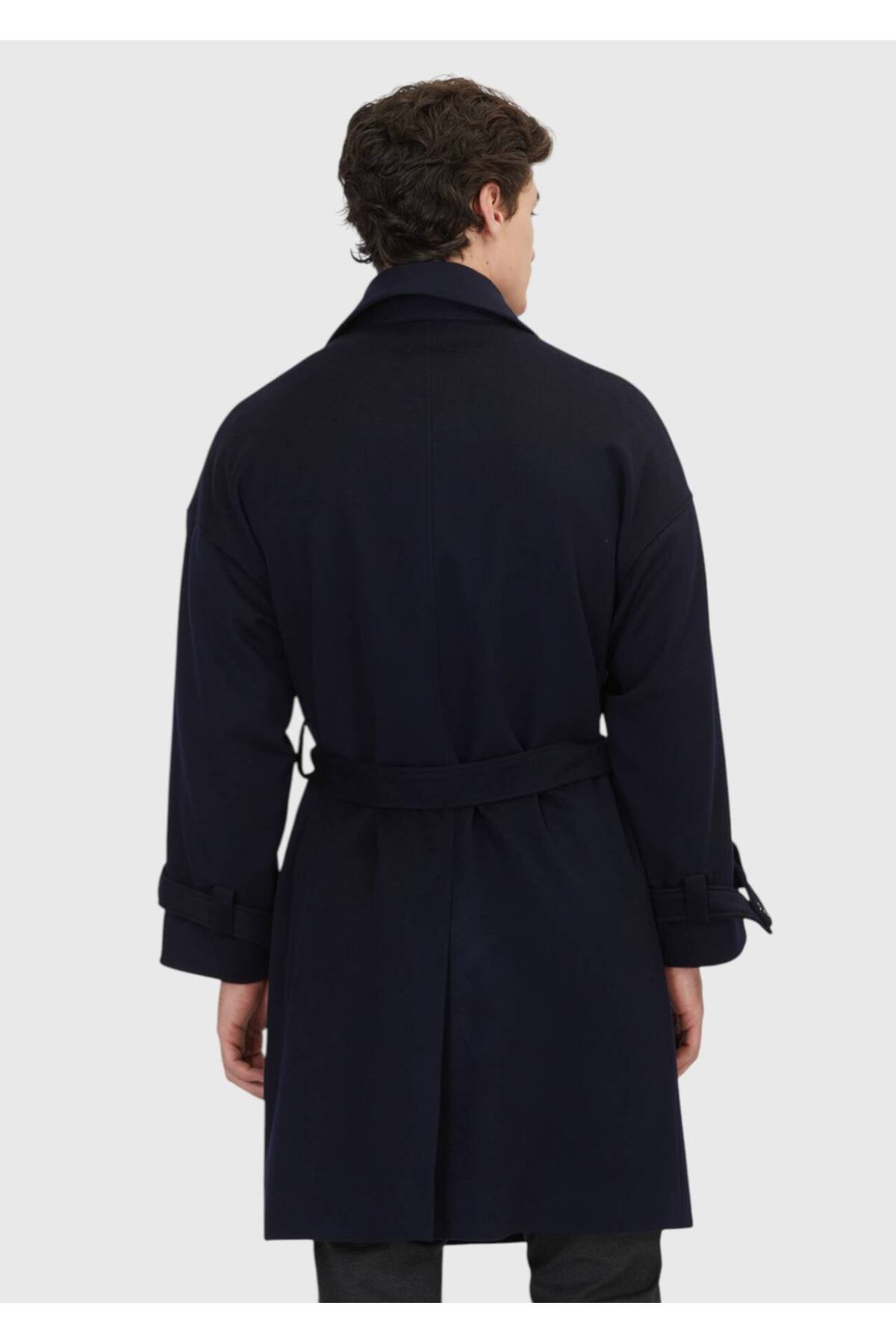 Ramsey Lacivert Oversize Fit Kruvaze Yaka Casual Dokuma Palto görsel 7