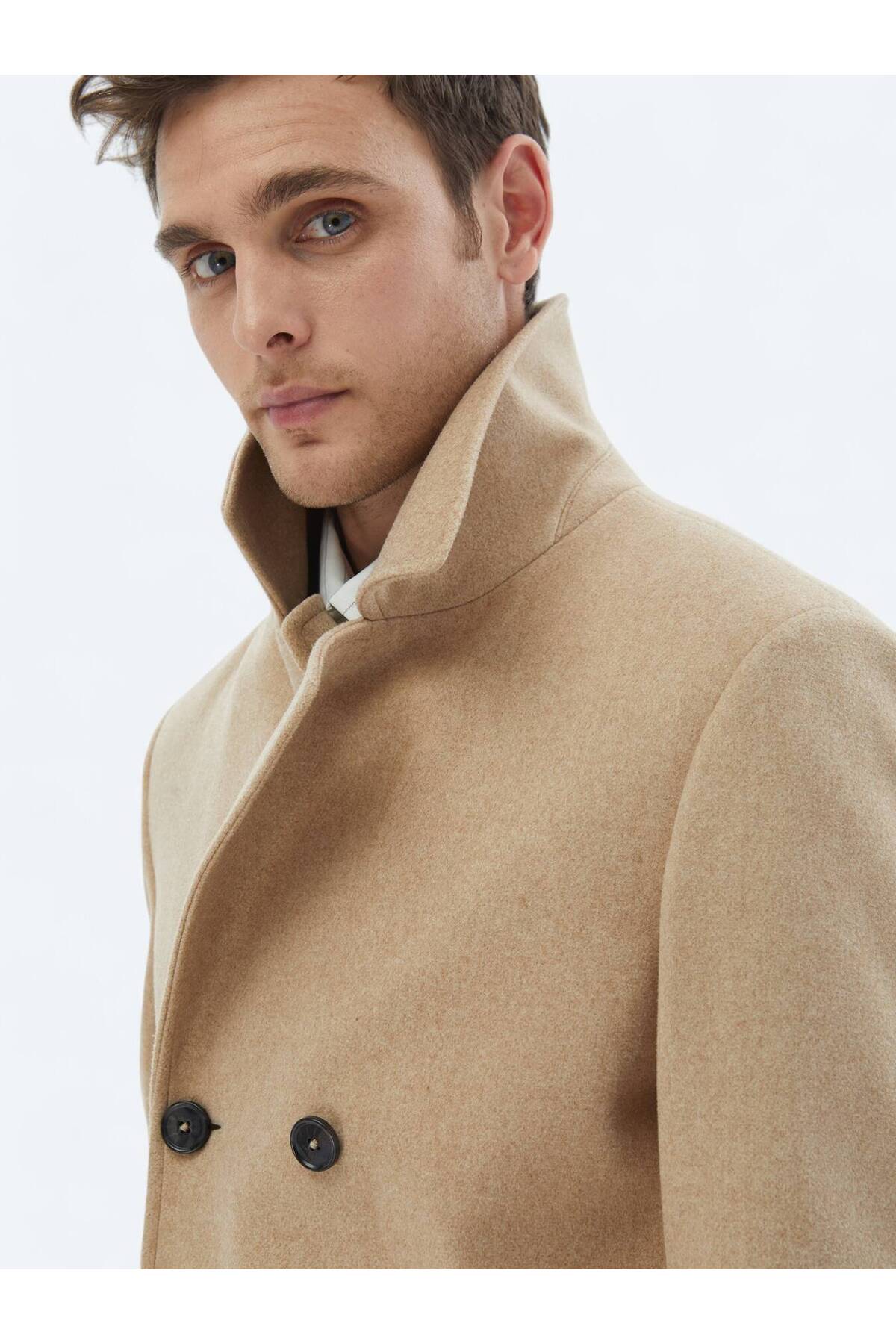 Kip  Deve Tüyü Regular Fit Kruvaze Yaka Casual Örme Kaban - Görsel 5