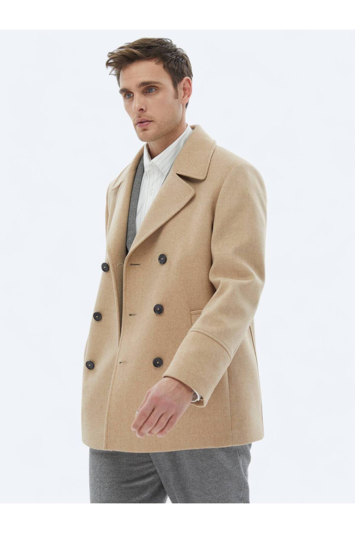 Kip  Deve Tüyü Regular Fit Kruvaze Yaka Casual Örme Kaban - Görsel 4