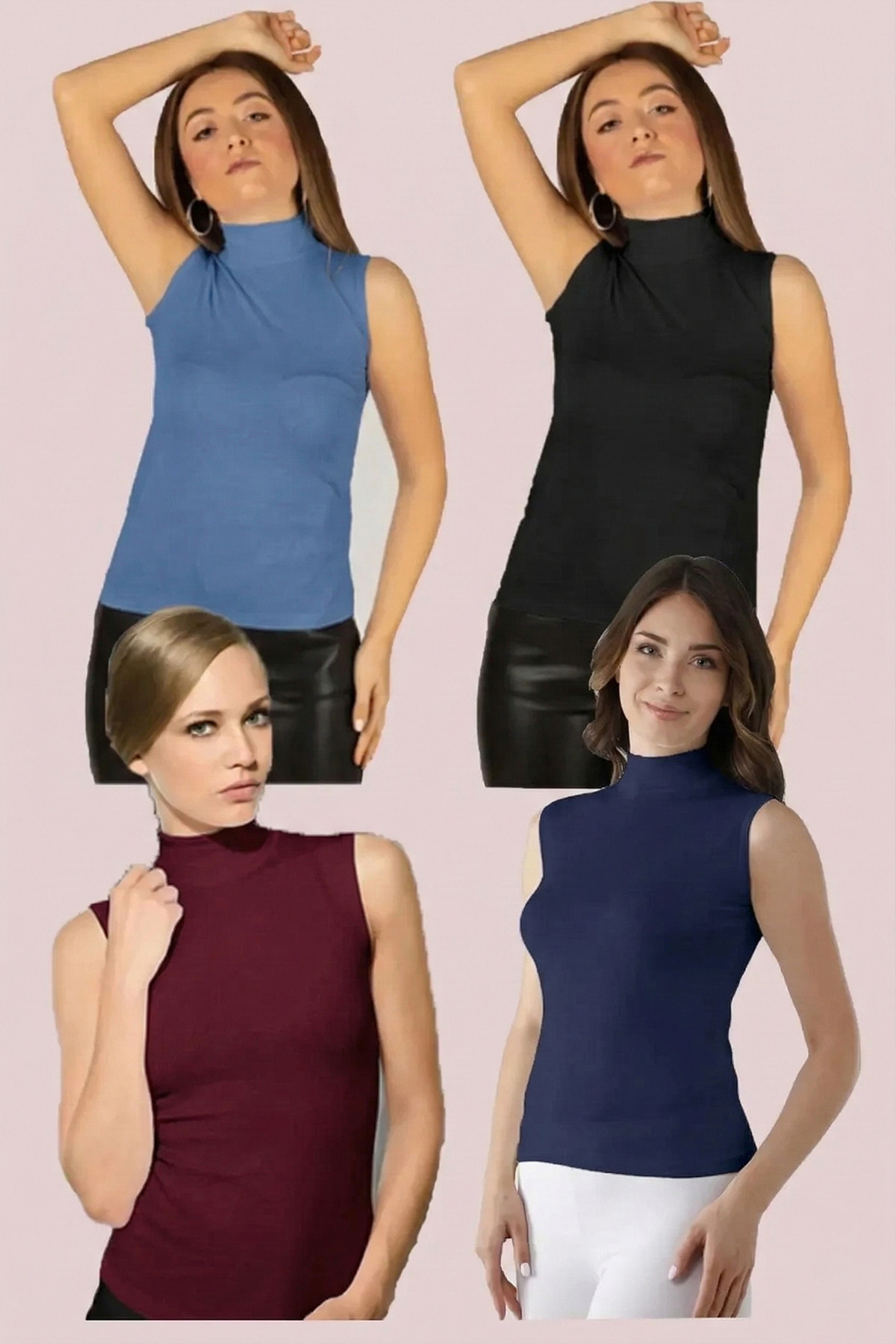 Women's QUADRUPLE MODEL Lycra Zero Sleeve Turtleneck Singlet (4 PCS)
