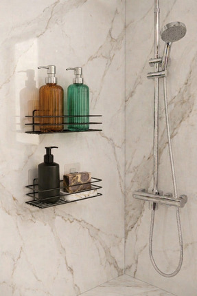 Sas Haus 2'li Siyah Yapışkanlı Banyo Rafı, Duş Şampuanlık, Metal Duvar Rafı (...