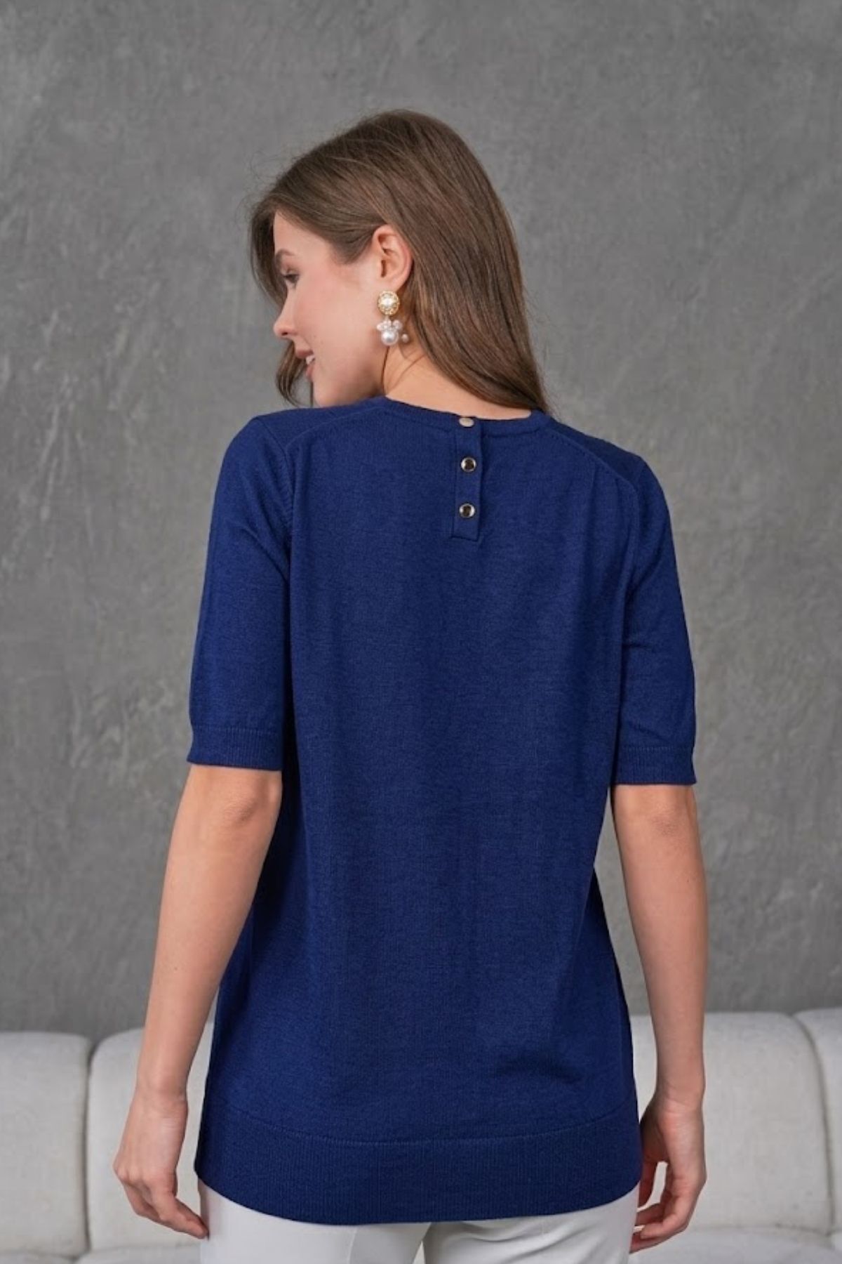 Irmak Kerekli  Kadın Ense Düğmeli Kısa Kol Triko Bluz 1415 Lacivert - Görsel 4